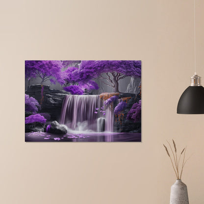 Relaxing Waterfall in a Purple Fairytale Woodland on Canvas. A unique floral forest scene. Violet home decor print, lilac office wall art - CanvasityCrafts - Free Shipping