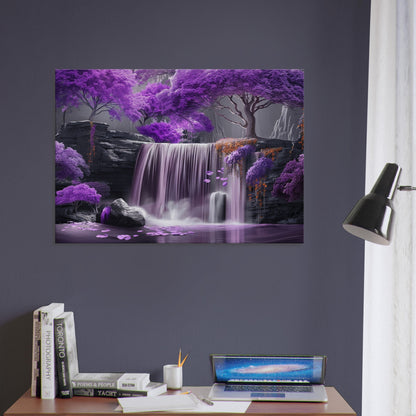 Relaxing Waterfall in a Purple Fairytale Woodland on Canvas. A unique floral forest scene. Violet home decor print, lilac office wall art - CanvasityCrafts - Free Shipping