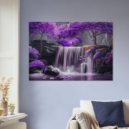 Relaxing Waterfall in a Purple Fairytale Woodland on Canvas. A unique floral forest scene. Violet home decor print, lilac office wall art - CanvasityCrafts - Free Shipping