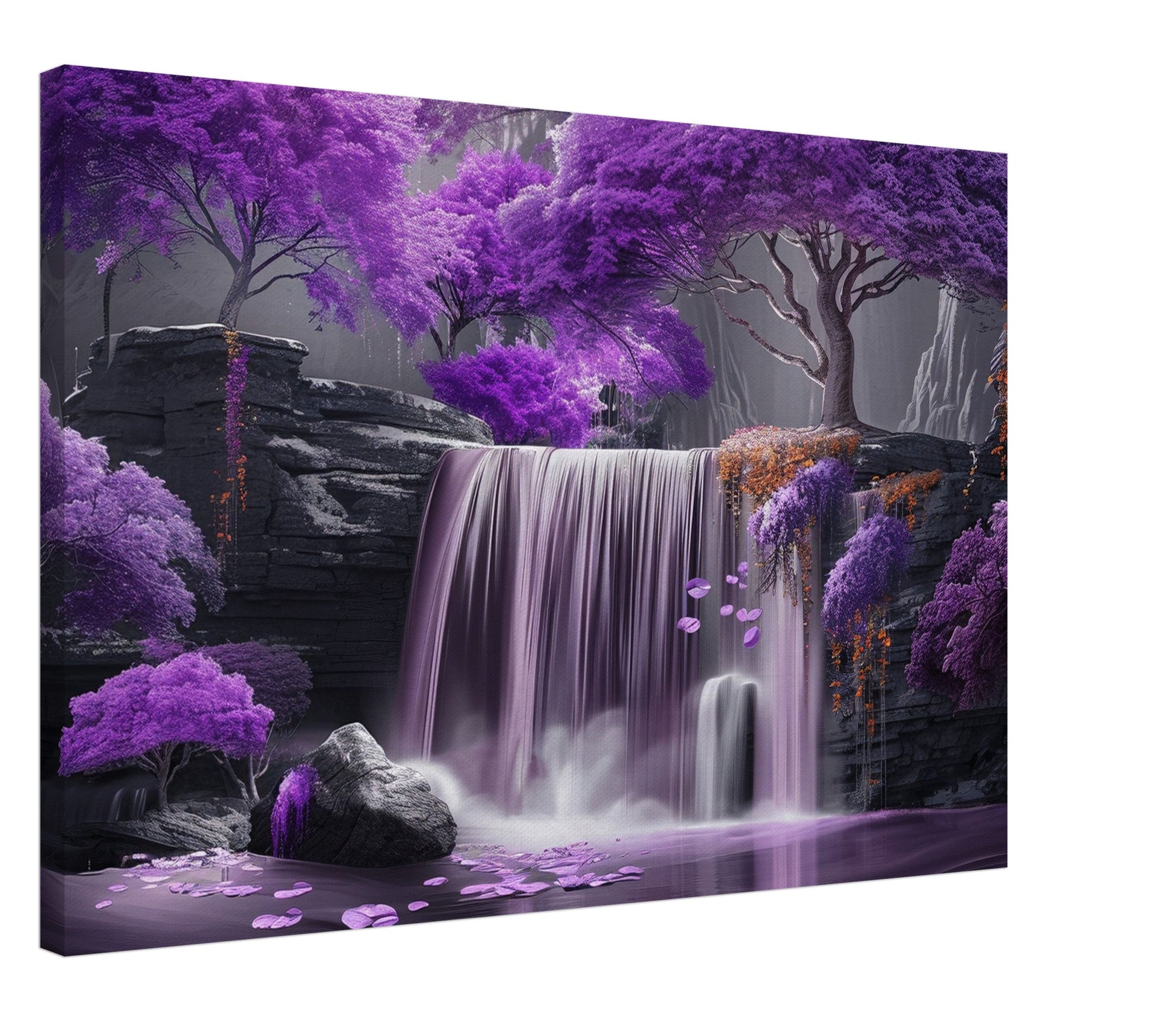 Relaxing Waterfall in a Purple Fairytale Woodland on Canvas. A unique floral forest scene. Violet home decor print, lilac office wall art - CanvasityCrafts - Free Shipping