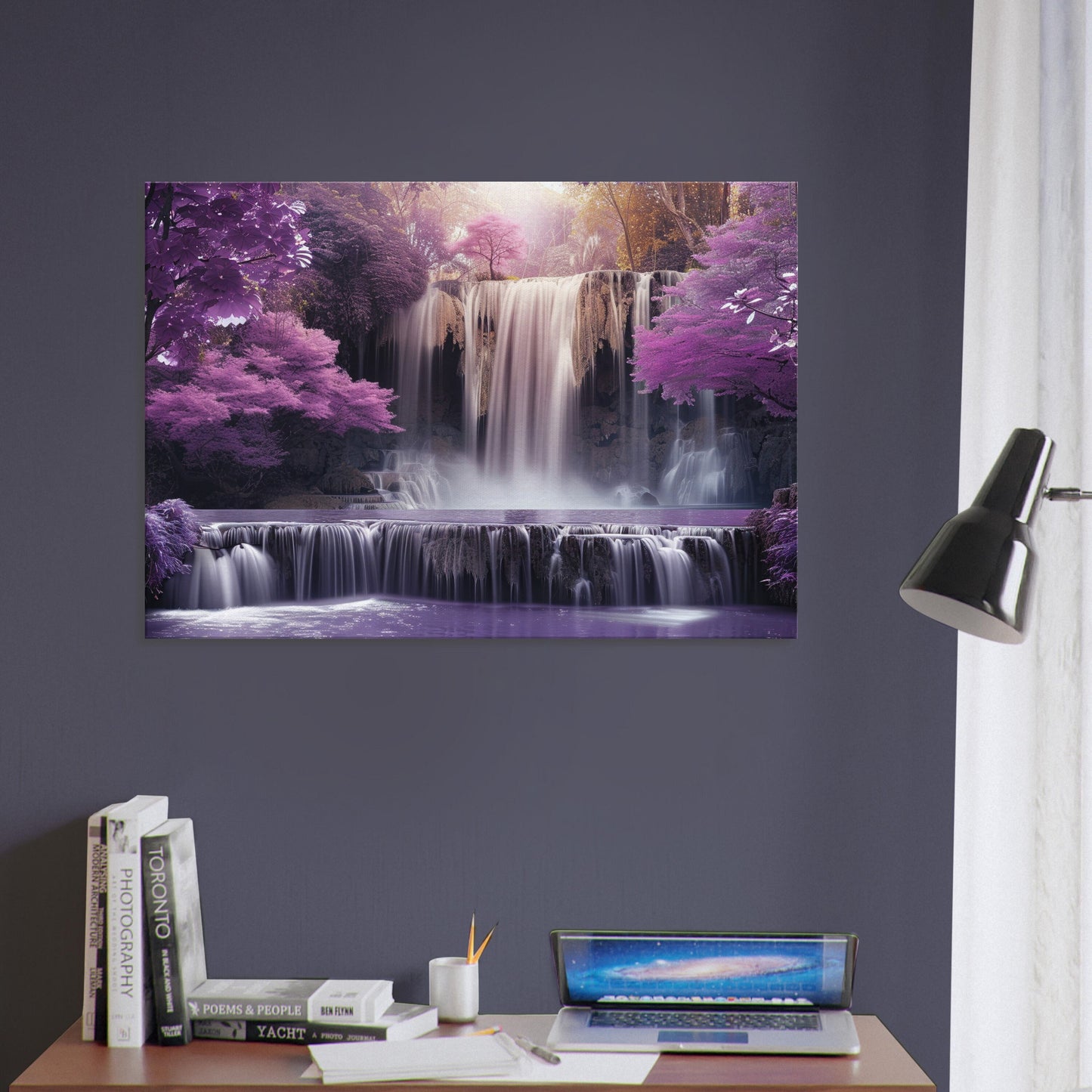 Beautiful Waterfall in a Purple Fairytale Woodland on Canvas. A unique floral forest scene. Violet home decor print, lilac office wall art - CanvasityCrafts - Free Shipping