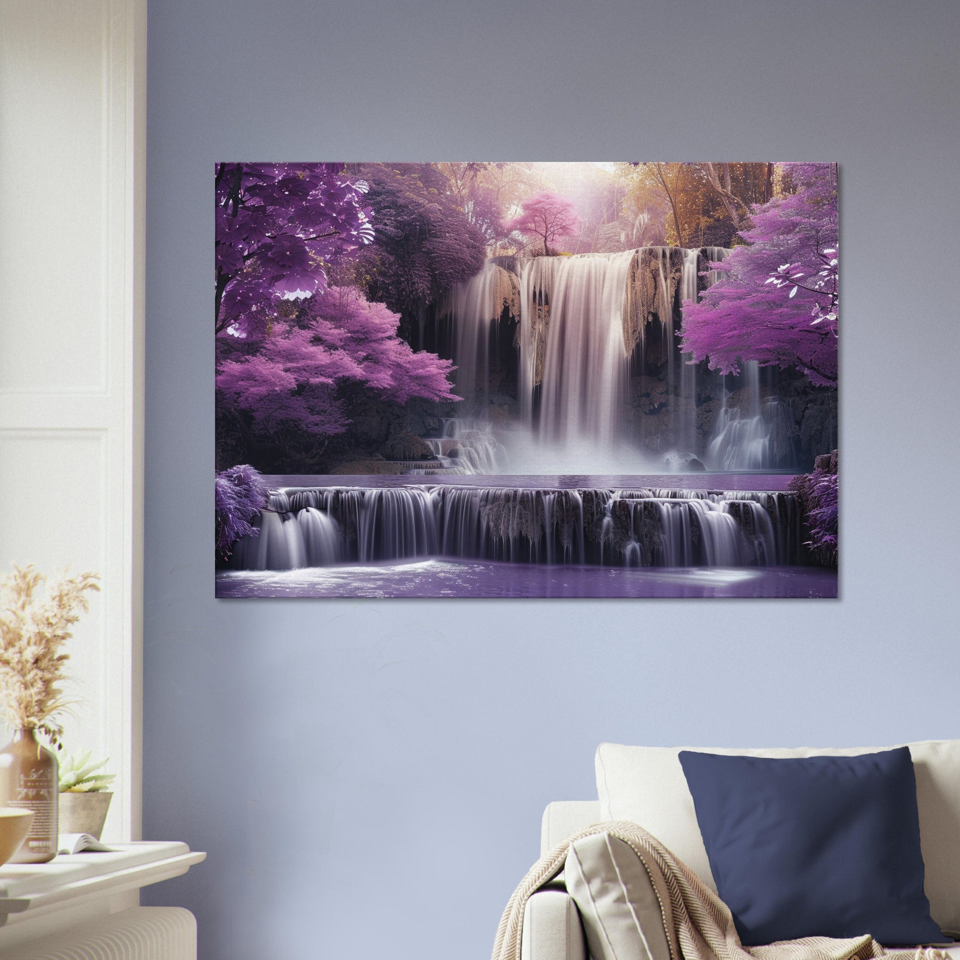 Beautiful Waterfall in a Purple Fairytale Woodland on Canvas. A unique floral forest scene. Violet home decor print, lilac office wall art - CanvasityCrafts - Free Shipping