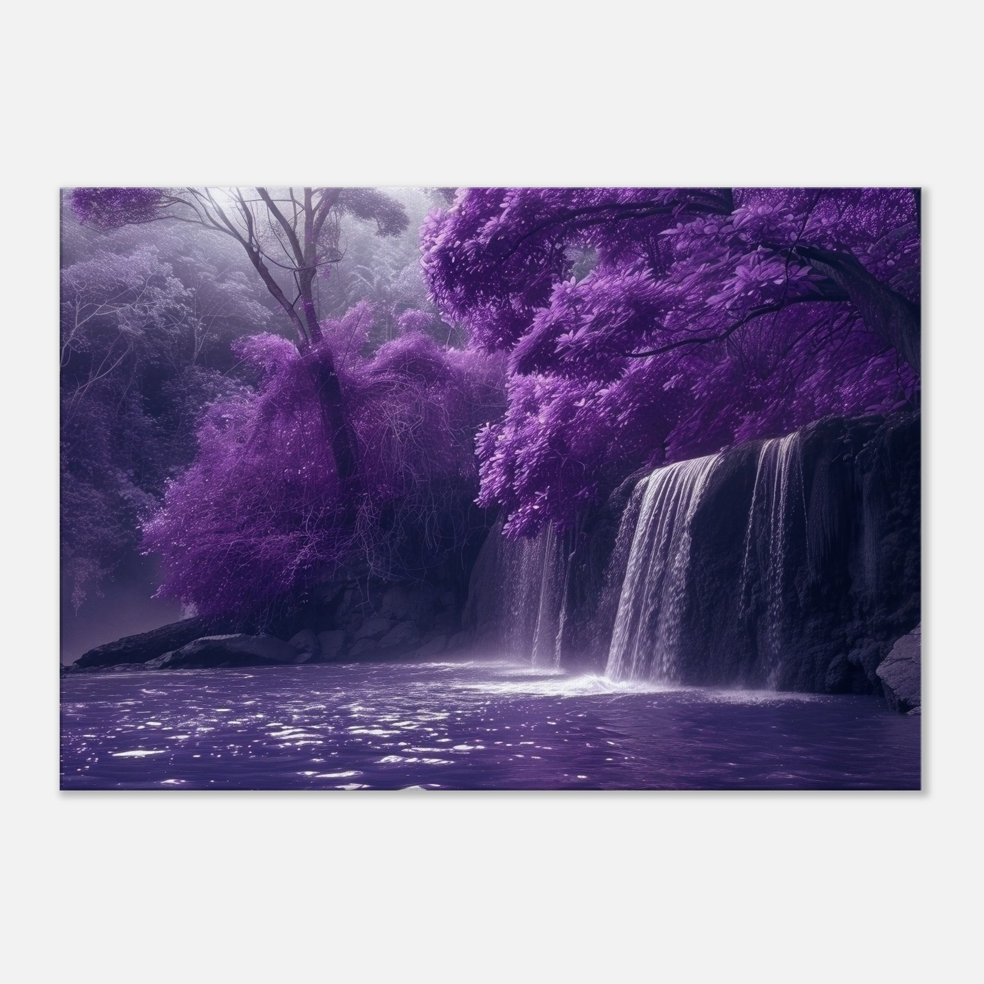 Lilac Waterfall in a Purple Fairytale Woodland on Canvas. Floral forest scene of violet. Home decor print office wall art, enchanted fantasy - CanvasityCrafts - Free Shipping