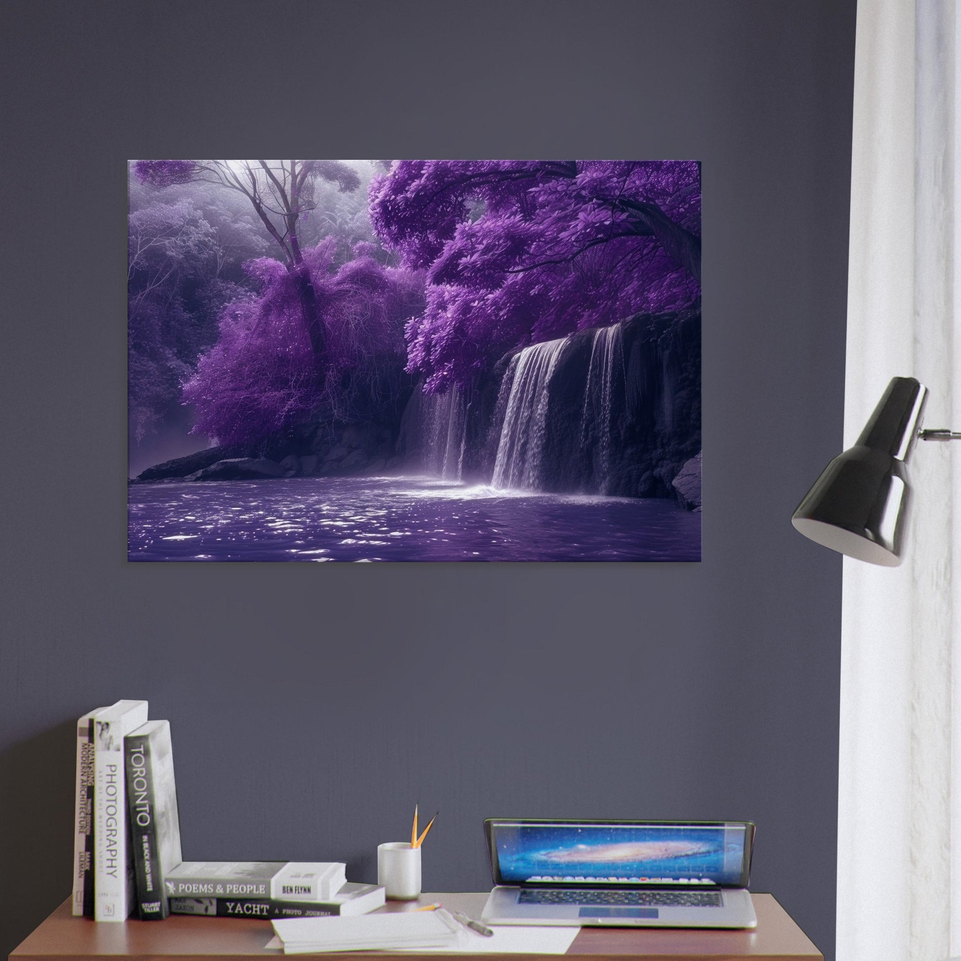 Lilac Waterfall in a Purple Fairytale Woodland on Canvas. Floral forest scene of violet. Home decor print office wall art, enchanted fantasy - CanvasityCrafts - Free Shipping