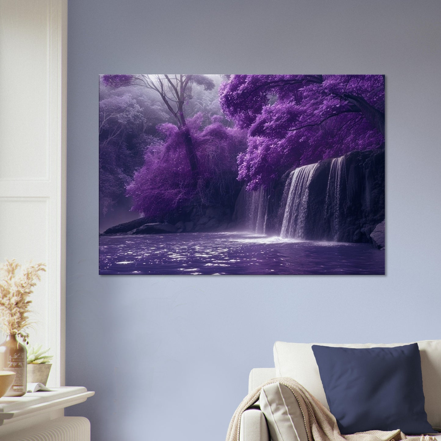 Lilac Waterfall in a Purple Fairytale Woodland on Canvas. Floral forest scene of violet. Home decor print office wall art, enchanted fantasy - CanvasityCrafts - Free Shipping