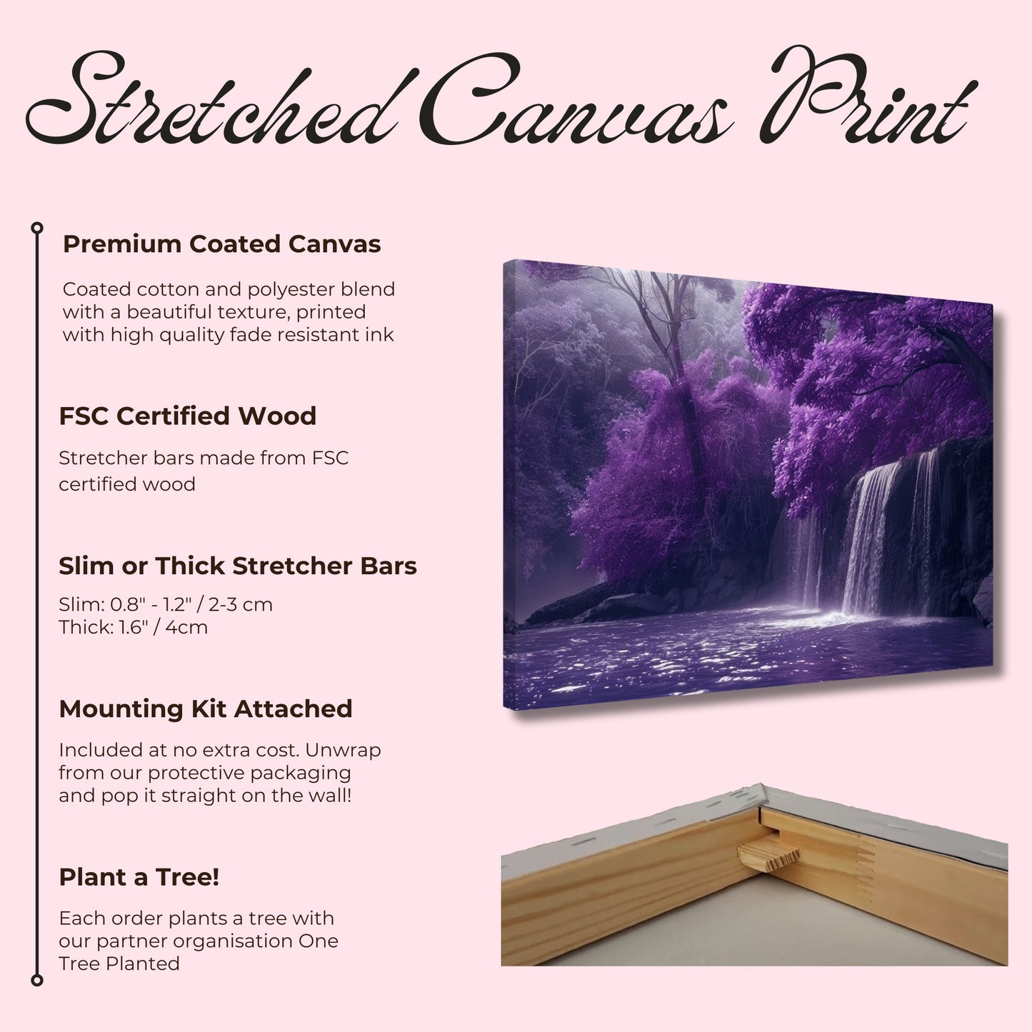 Lilac Waterfall in a Purple Fairytale Woodland on Canvas. Floral forest scene of violet. Home decor print office wall art, enchanted fantasy - CanvasityCrafts - Free Shipping