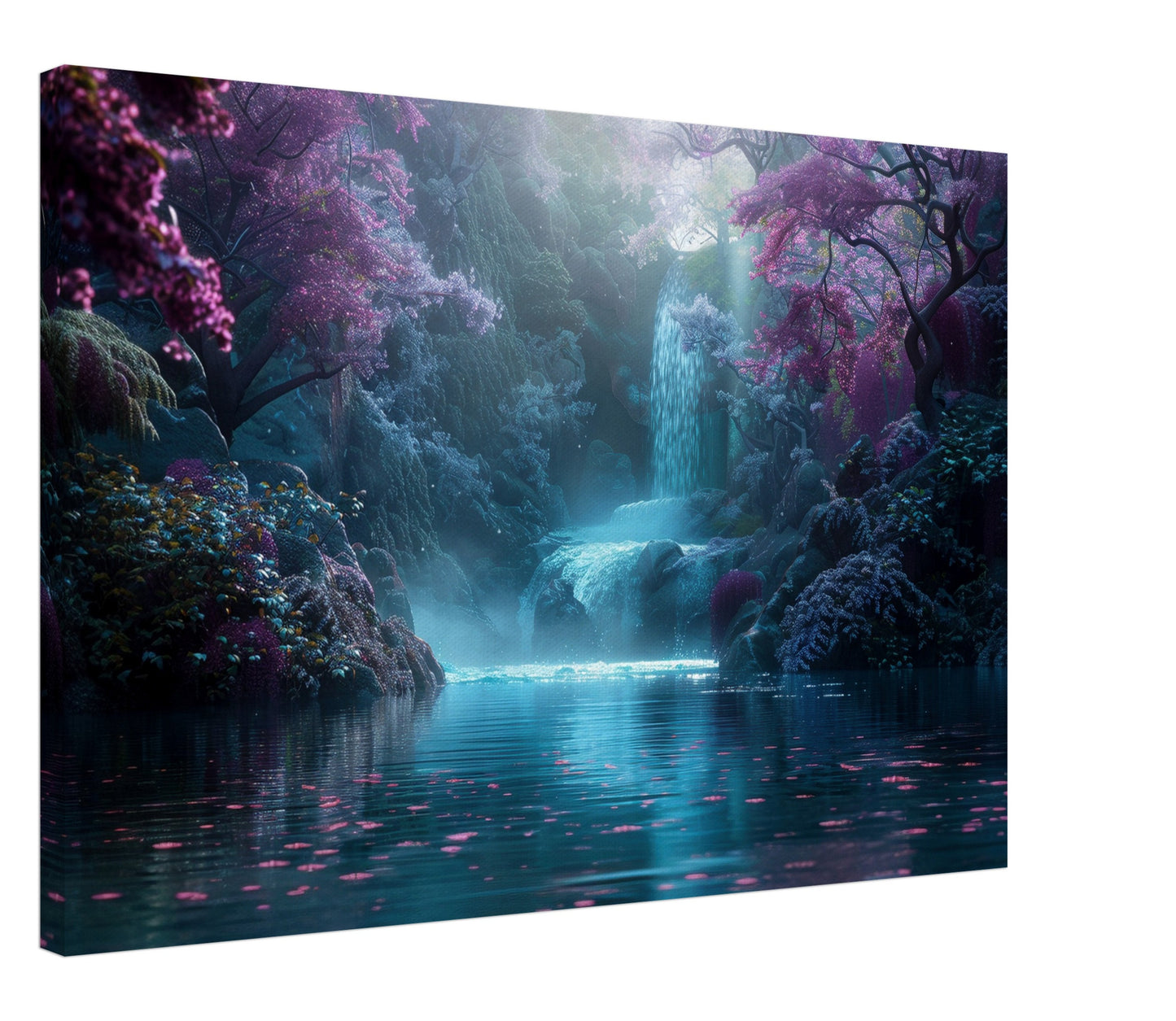 Enchanted Forest Waterfall Canvas. Unique fairytale landscape nature scene. Violet purple turquoise floral home decor print, office wall art - CanvasityCrafts - Free Shipping