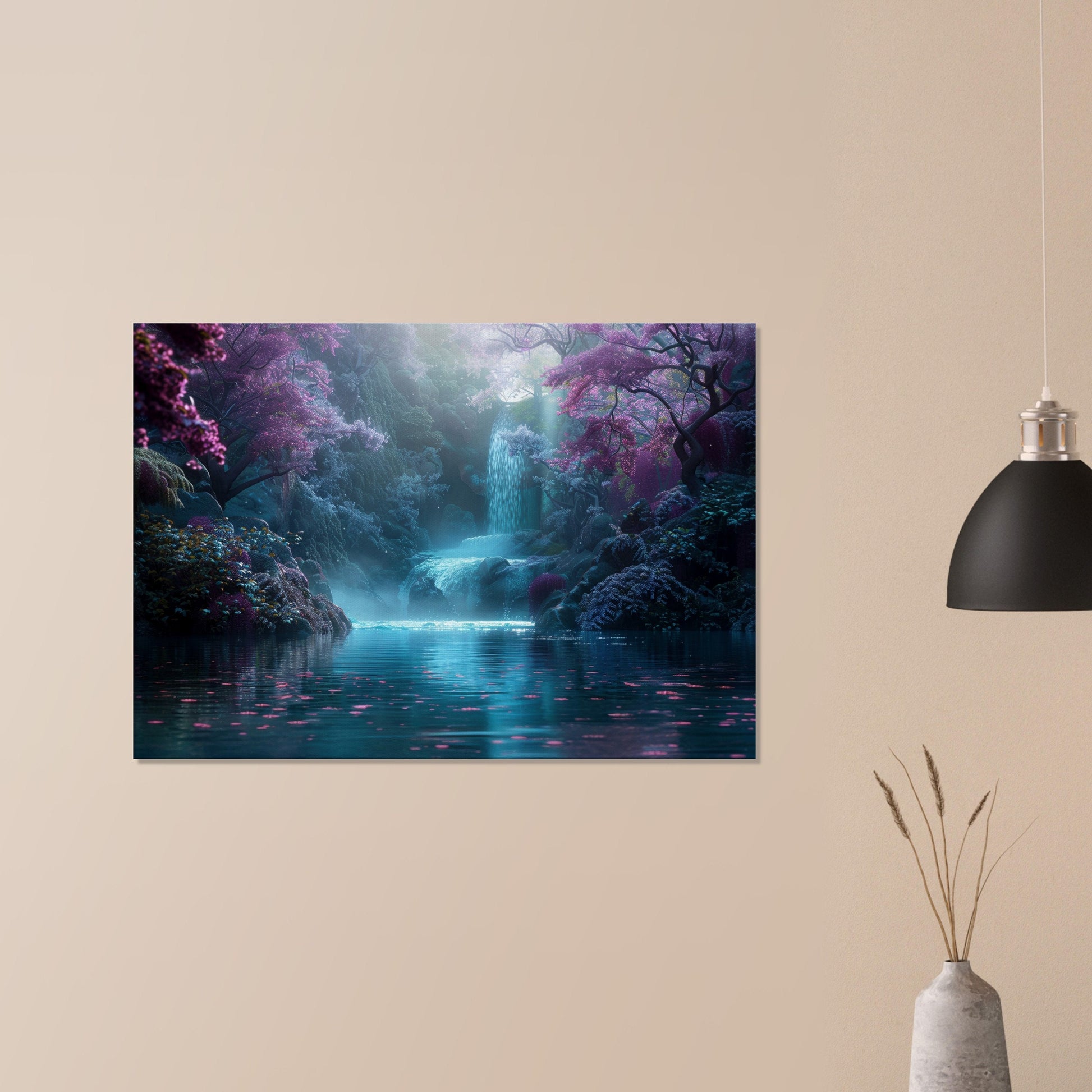 Enchanted Forest Waterfall Canvas. Unique fairytale landscape nature scene. Violet purple turquoise floral home decor print, office wall art - CanvasityCrafts - Free Shipping