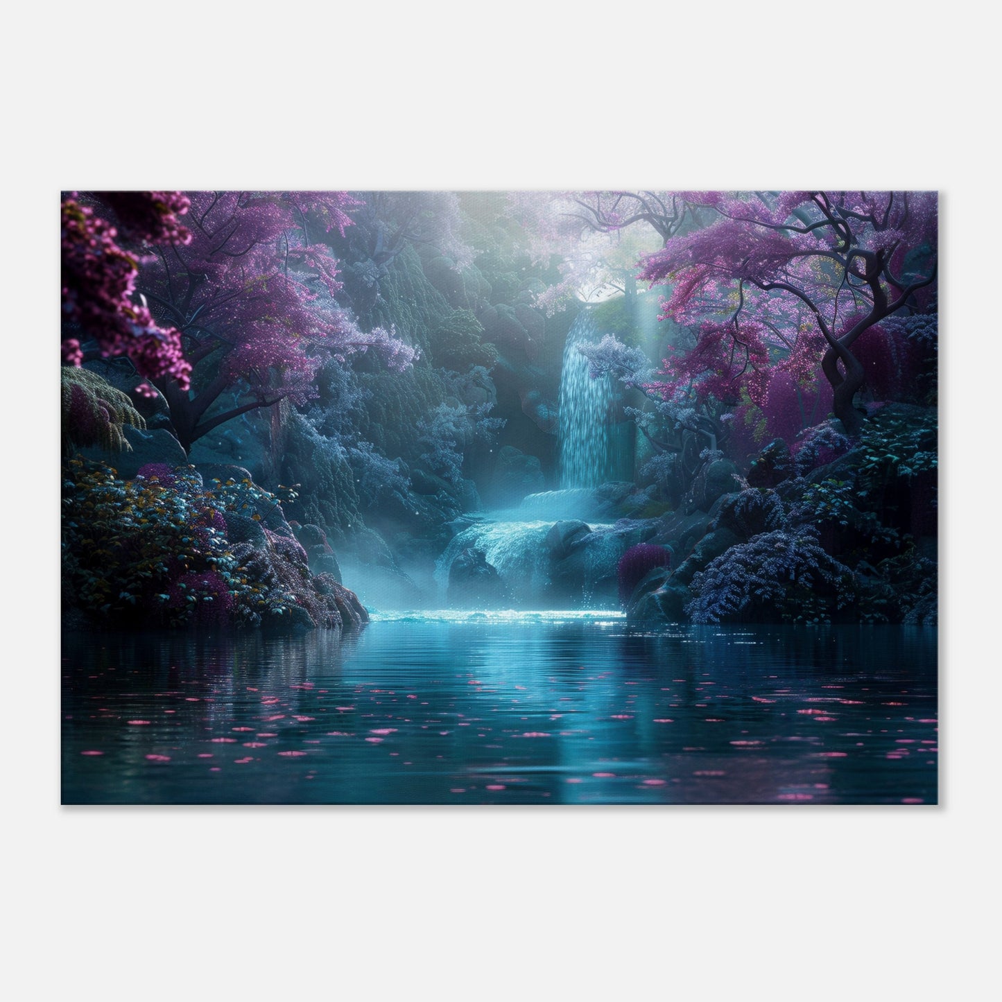 Enchanted Forest Waterfall Canvas. Unique fairytale landscape nature scene. Violet purple turquoise floral home decor print, office wall art - CanvasityCrafts - Free Shipping