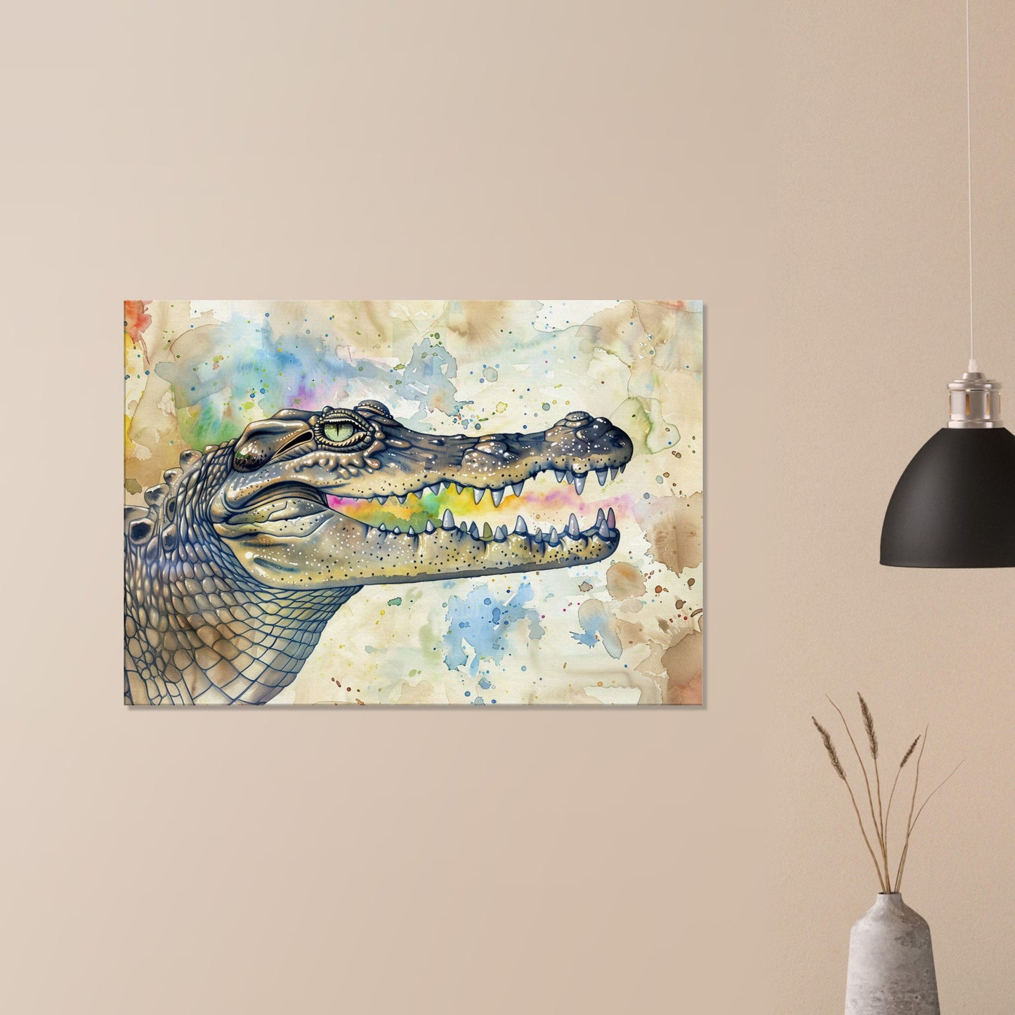 Watercolour Crocodile Canvas. Unique Multicolour Reptile Painting Print. Safari Animal Decor Gift for Big Croc Lovers. Paint Splash Art - CanvasityCrafts - Free Shipping