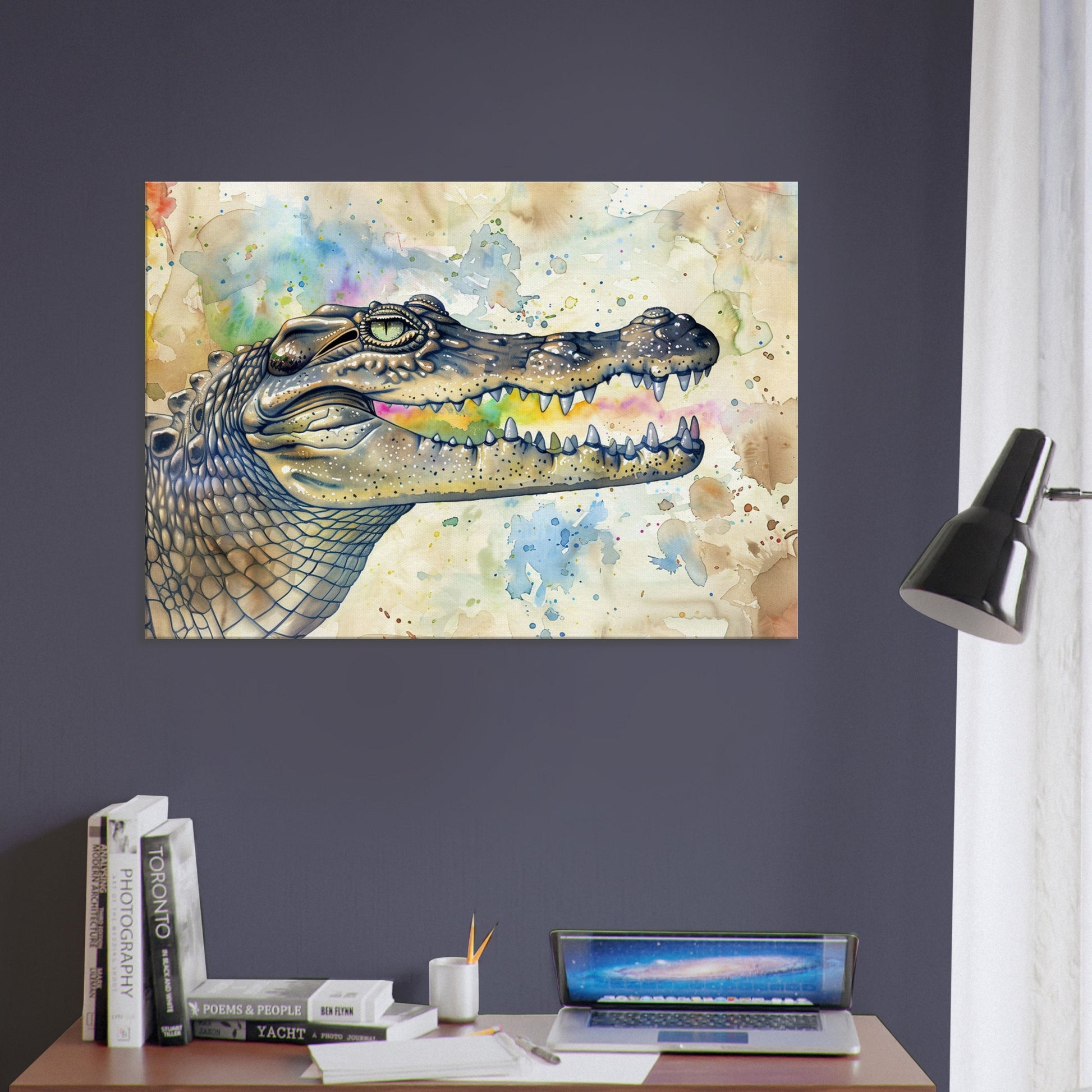 Watercolour Crocodile Canvas. Unique Multicolour Reptile Painting Print. Safari Animal Decor Gift for Big Croc Lovers. Paint Splash Art - CanvasityCrafts - Free Shipping