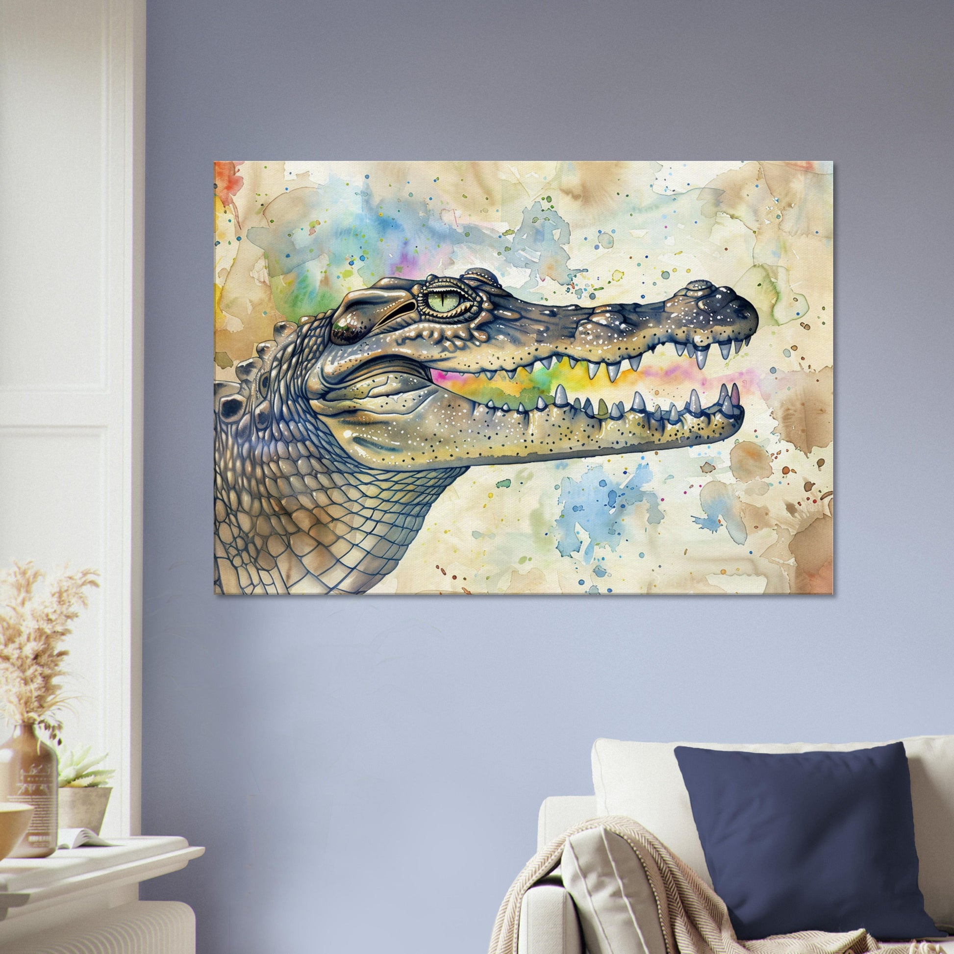 Watercolour Crocodile Canvas. Unique Multicolour Reptile Painting Print. Safari Animal Decor Gift for Big Croc Lovers. Paint Splash Art - CanvasityCrafts - Free Shipping