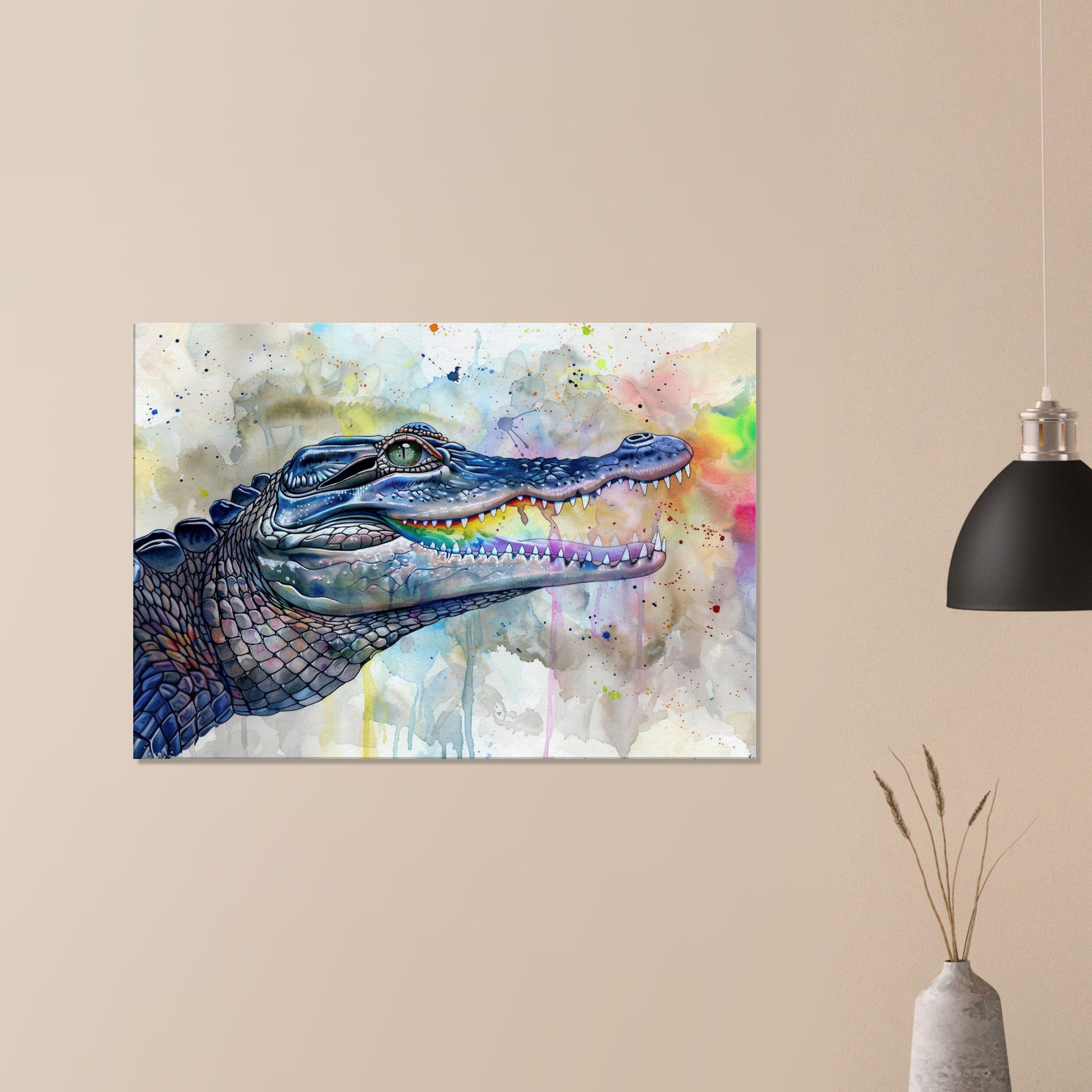 Watercolour Crocodile Canvas. Unique Multicolour Reptile Painting Print. Safari Animal Decor Gift for Big Croc Lovers. Paint Splash Art - CanvasityCrafts - Free Shipping