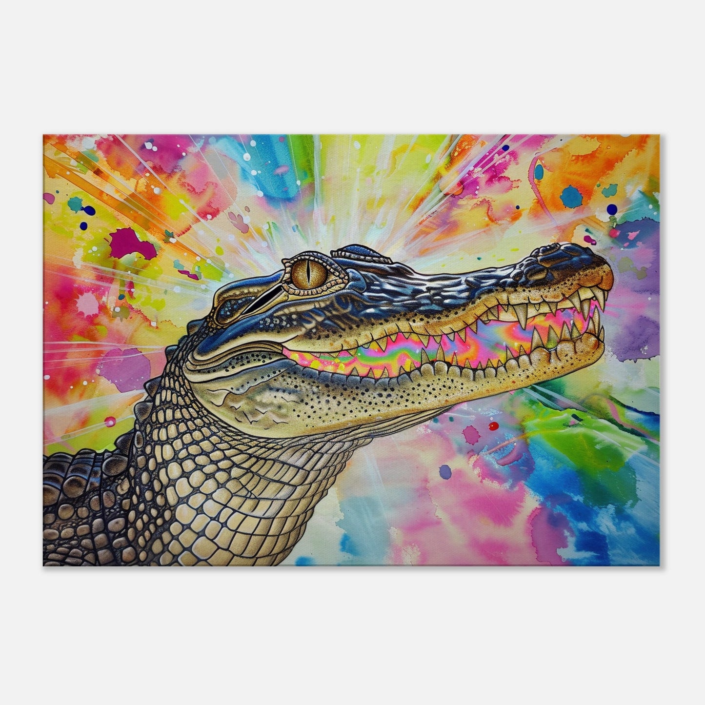 AHHH! Multicolour Crocodile Canvas. Unique Watercolour Reptile Painting Print Safari Animal Decor Gift for Big Croc Lovers Paint Splash Art - CanvasityCrafts - Free Shipping