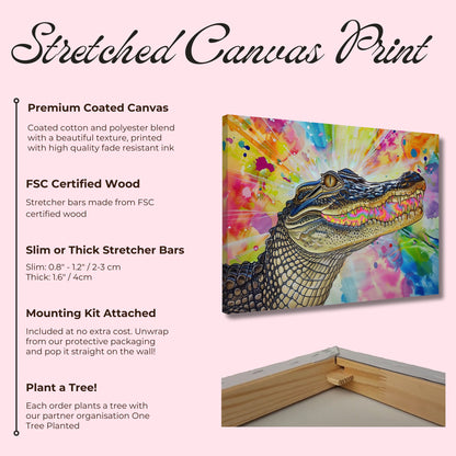 AHHH! Multicolour Crocodile Canvas. Unique Watercolour Reptile Painting Print Safari Animal Decor Gift for Big Croc Lovers Paint Splash Art - CanvasityCrafts - Free Shipping