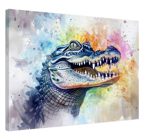 AHHH! Watercolour Crocodile Canvas. Unique Multicolour Reptile Painting Print Safari Animal Decor Gift for Big Croc Lovers Paint Splash Art - CanvasityCrafts - Free Shipping