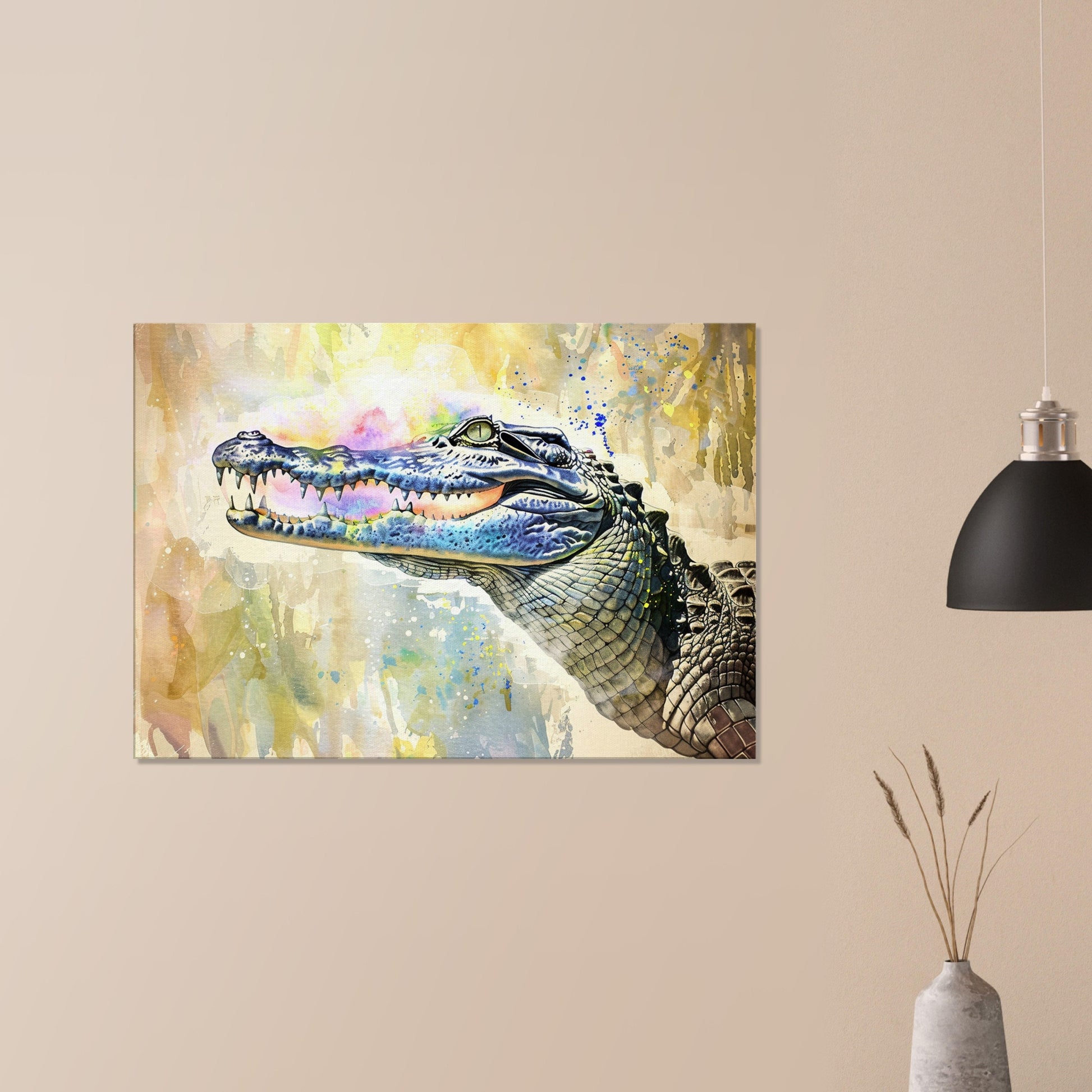 GRRR! Watercolour Crocodile Canvas. Unique Multicolour Reptile Painting Print Safari Animal Decor Gift for Big Croc Lovers Paint Splash Art - CanvasityCrafts - Free Shipping