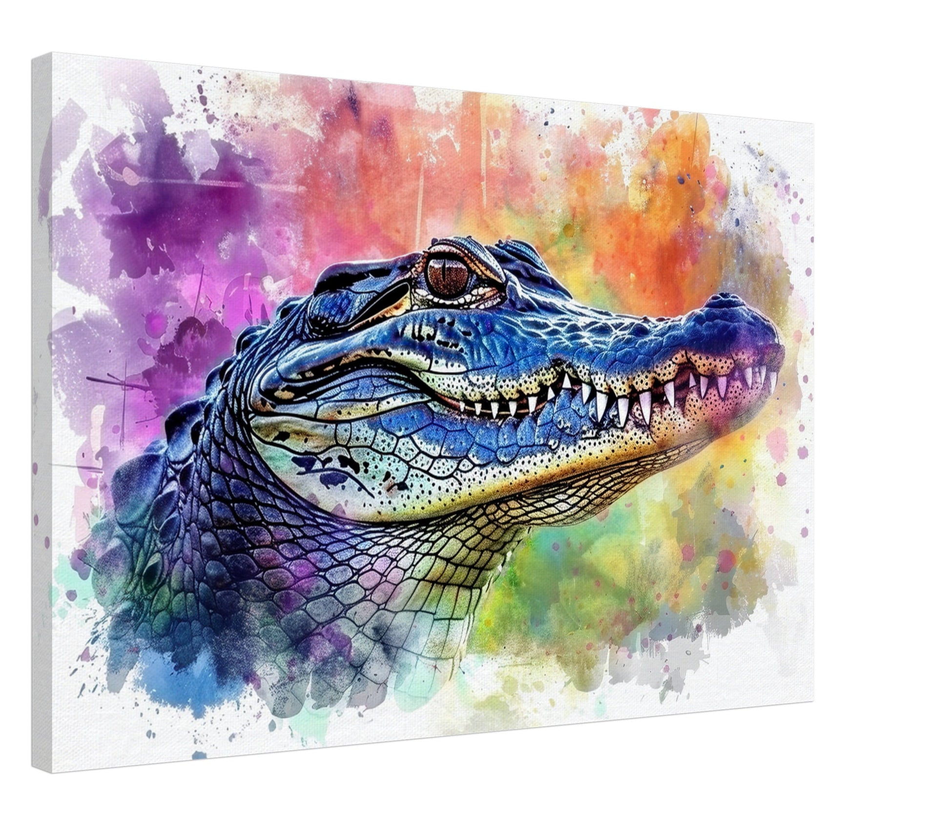 Snap Snap! Watercolour Crocodile Head Canvas. Unique Multicolour Reptile Painting Print Safari Animal Decor, Croc Gift. Paint Splash Art - CanvasityCrafts - Free Shipping