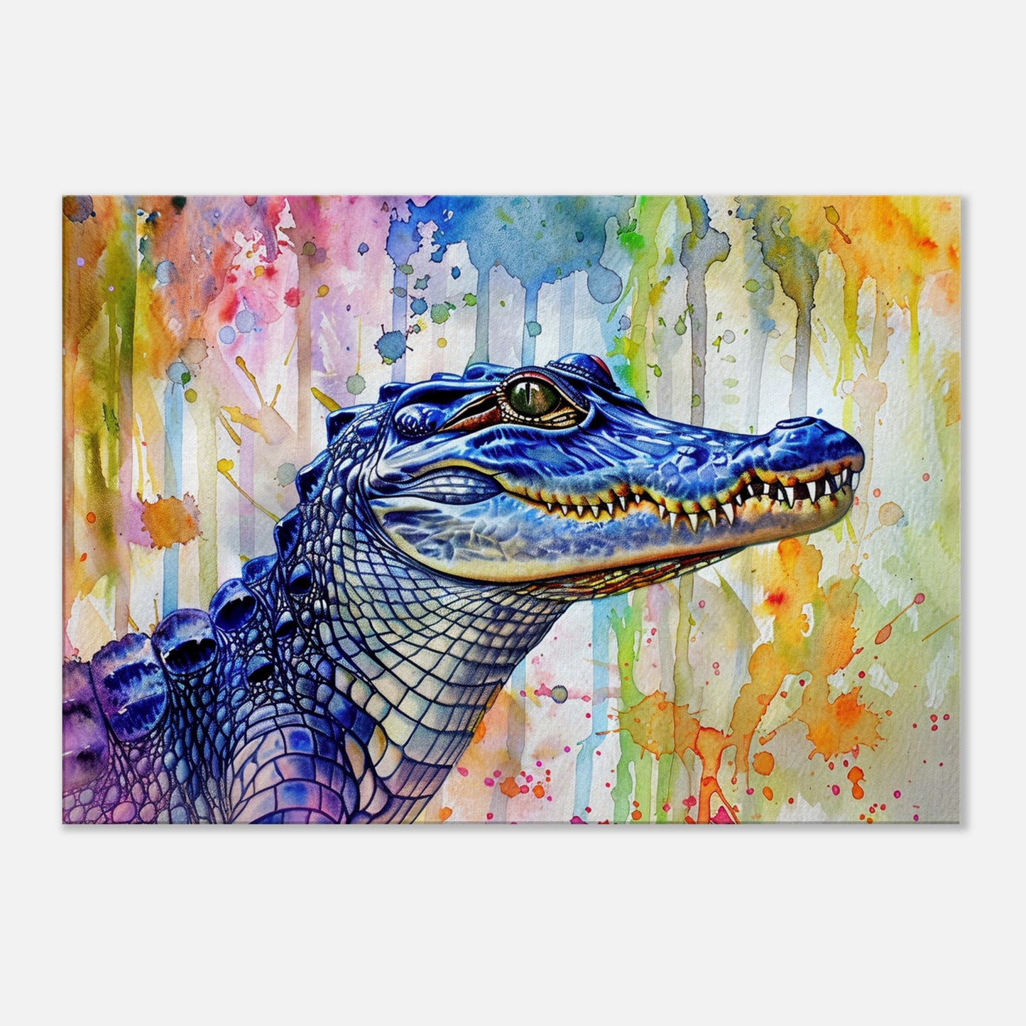 Snap Snap! Watercolour Crocodile Canvas. Unique Multicolour Reptile Painting Print Safari Animal Decor Gift. Paint Splash Art - CanvasityCrafts - Free Shipping