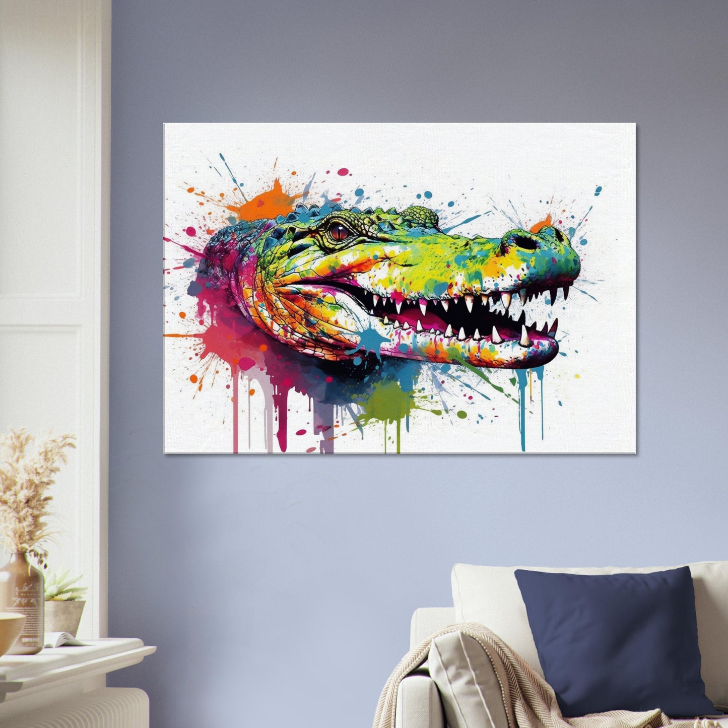 Watercolour Crocodile Head Canvas. Unique Multicolour Reptile Painting Print Safari Animal Decor, Big Croc Lover Gift. Paint Splash Art - CanvasityCrafts - Free Shipping