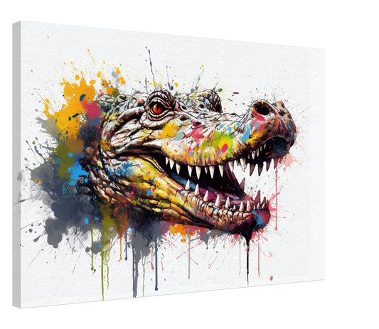 Watercolour Crocodile Head Canvas. Unique Multicolour Reptile Painting Print Safari Animal Decor, Big Croc Lover Gift. Paint Splash Art - CanvasityCrafts - Free Shipping