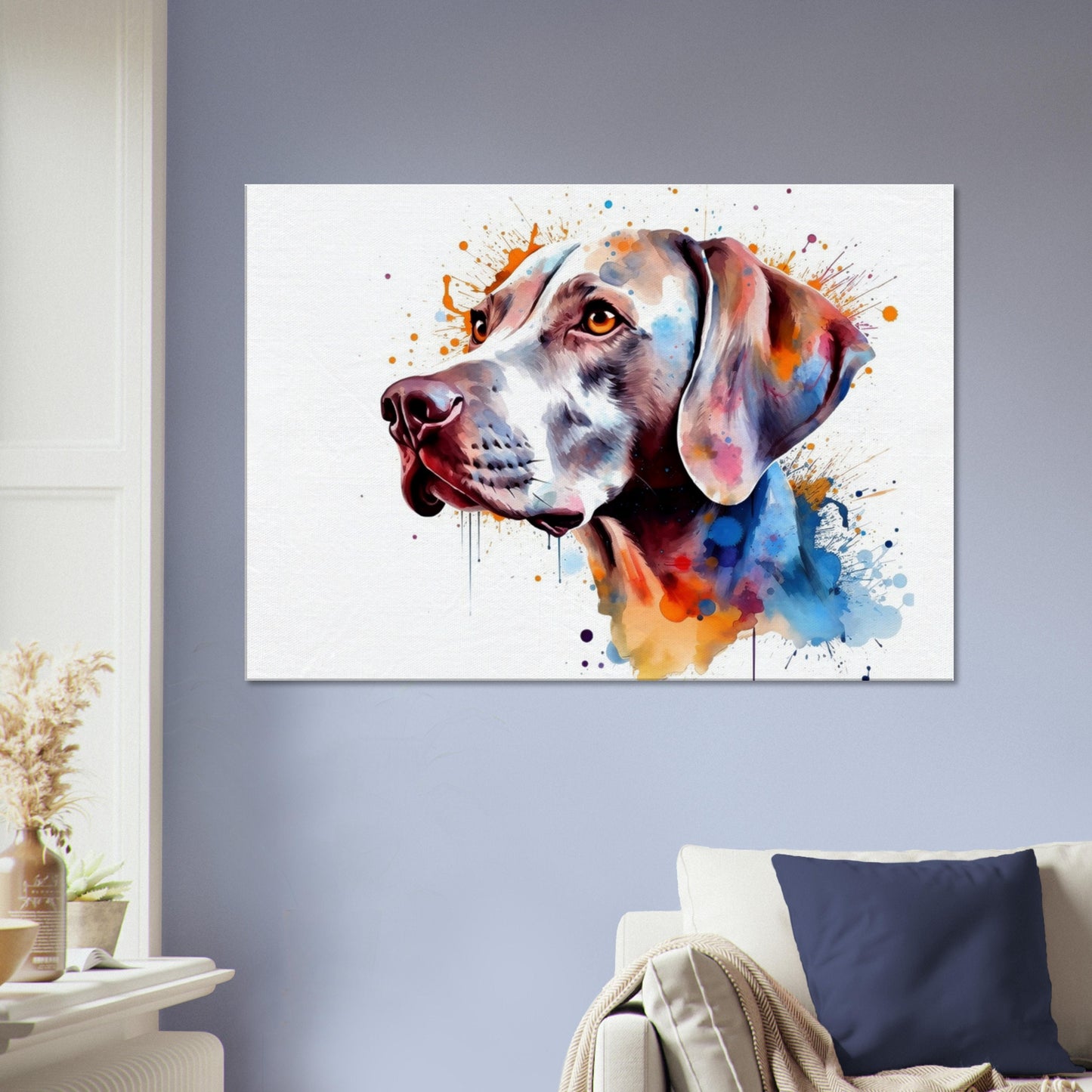 Watercolour Weimaraner Canvas Print. Unique Colourful Dog Painting, Paint Splash Animal Decor, Weim Gift Splatter Paint Wall Art. Grey Ghost - CanvasityCrafts - Free Shipping