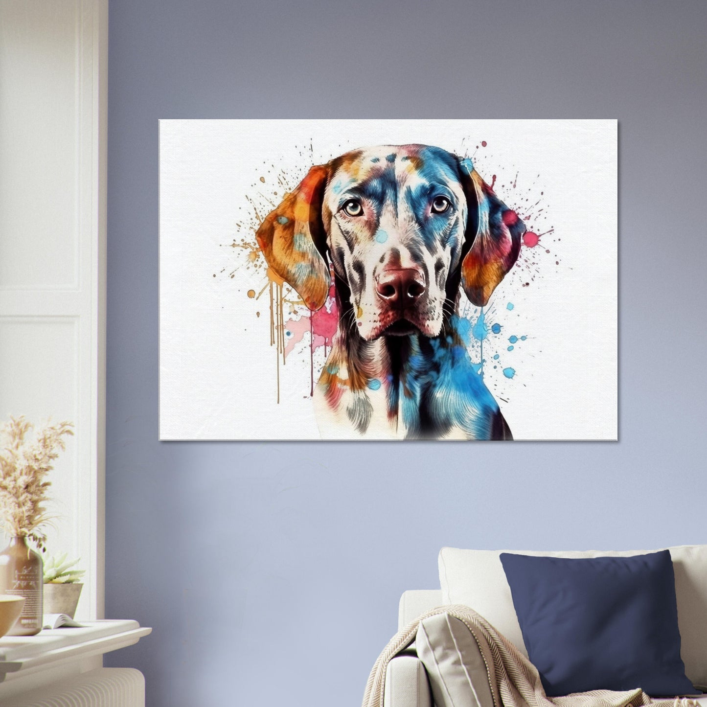 Watercolour Weimaraner Canvas Print. Unique Colourful Dog Painting, Paint Splash Animal Decor, Weim Gift, Splatter Paint Wall Art - CanvasityCrafts - Free Shipping