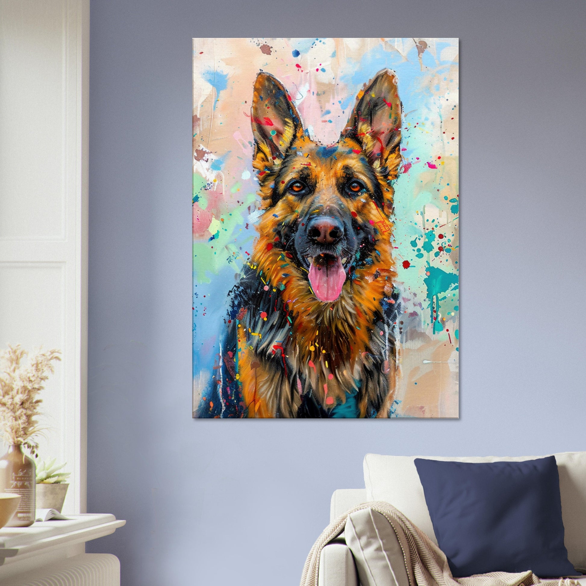 German Shepherd Canvas Print Horizontal or Vertical (Landscape / Portrait). Unique Colourful GSD Dog Painting, Paint Splash Graffiti Gift - CanvasityCrafts - Free Shipping