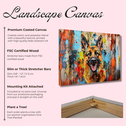 German Shepherd Canvas Print Horizontal or Vertical (Landscape / Portrait). Unique Colourful GSD Dog Painting, Paint Splash Graffiti Gift - CanvasityCrafts - Free Shipping