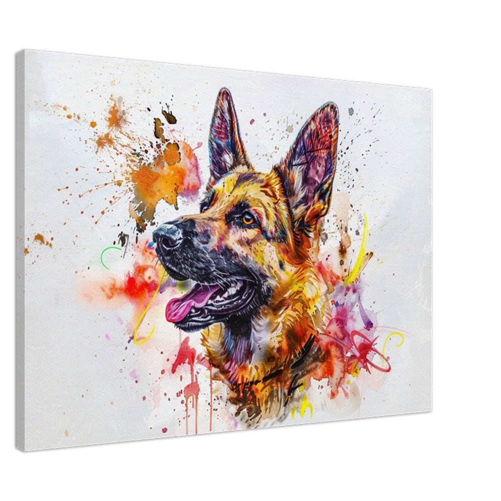 German Shepherd Canvas Print Horizontal or Vertical (Landscape / Portrait). Colourful Watercolour Dog Painting, Paint Splash Graffiti Gift - CanvasityCrafts - Free Shipping