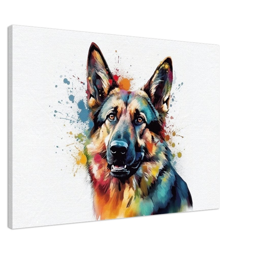 Watercolour German Shepherd Canvas Print Horizontal or Vertical (Landscape / Portrait). Unique Colourful GSD Dog Painting, Paint Splash Gift - CanvasityCrafts - Free Shipping