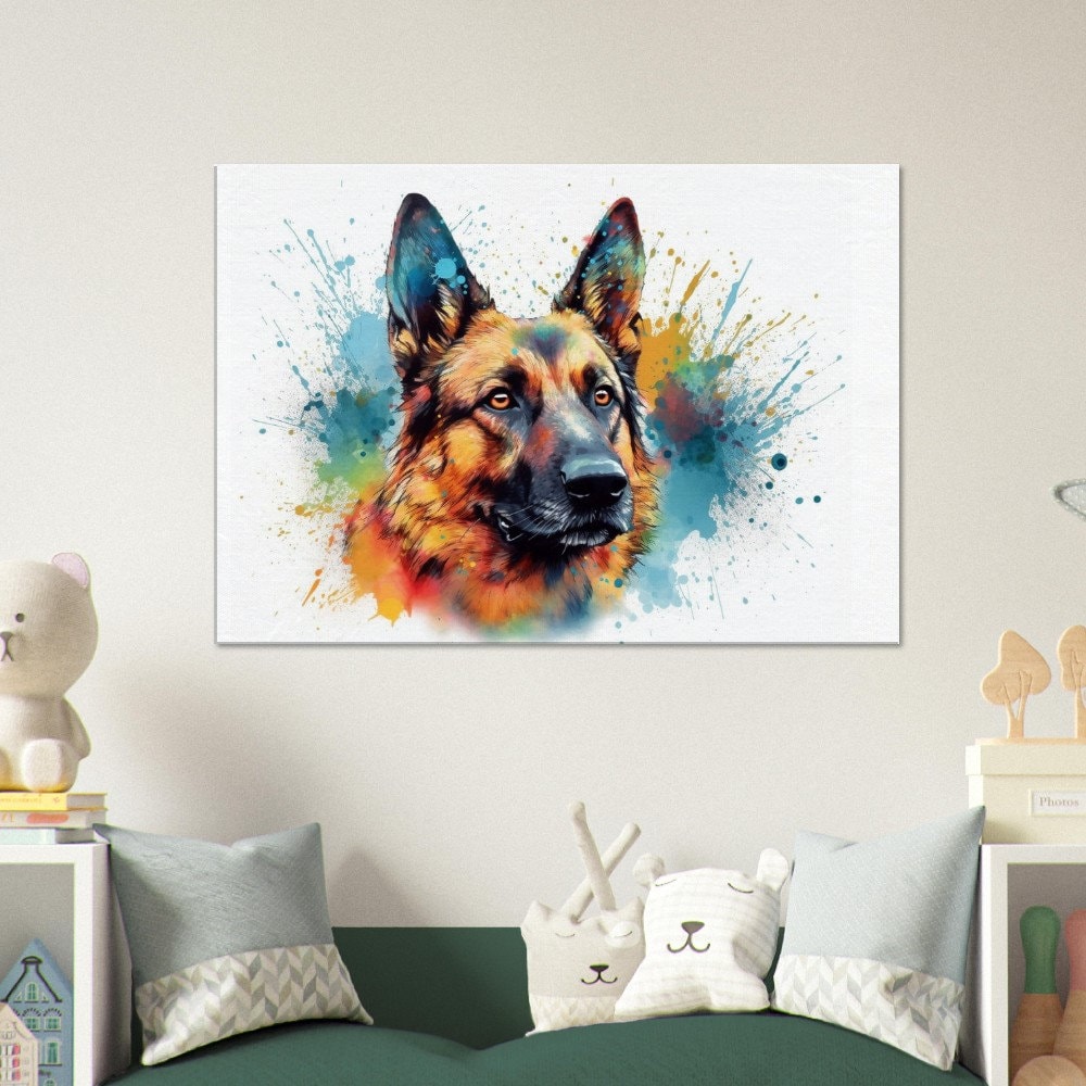 Watercolour German Shepherd Canvas Print. Unique Colourful GSD Dog Painting, Paint Splash Home Decor Gift for Dog Lovers. Animal Wall Art - CanvasityCrafts - Free Shipping