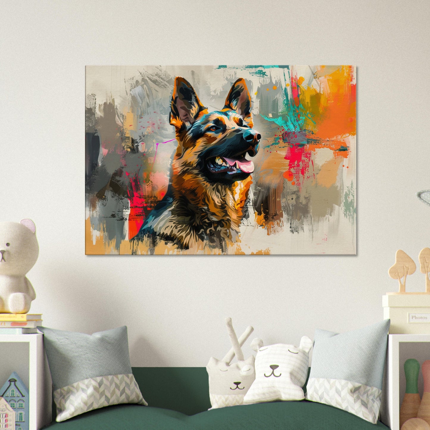 Abstract German Shepherd Canvas Print Horizontal or Vertical (Landscape / Portrait). Unique Watercolour GSD Dog Painting, Paint Splash Gift - CanvasityCrafts - Free Shipping