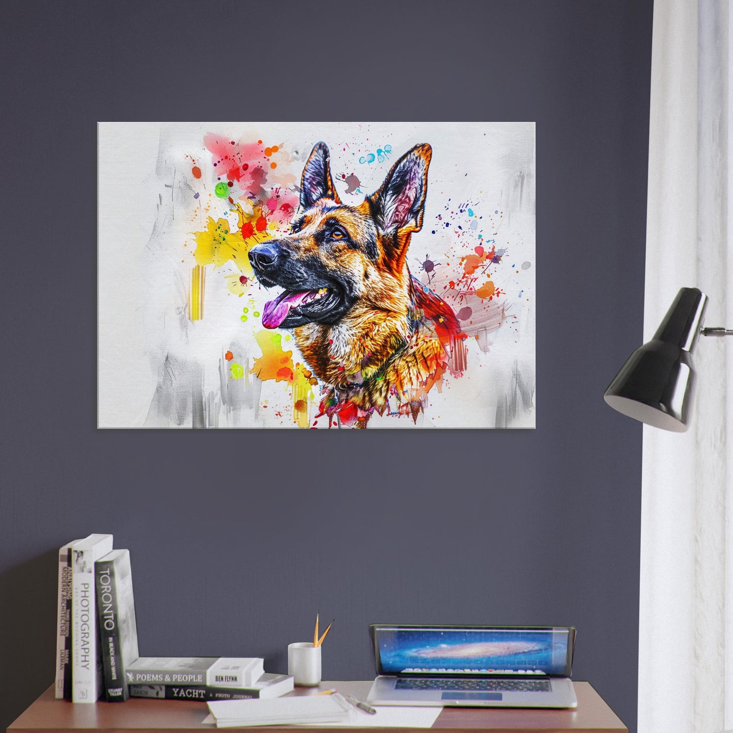 German Shepherd Canvas Print Horizontal or Vertical (Landscape / Portrait). Unique Watercolour GSD Dog Painting, Paint Splash Graffiti Gift - CanvasityCrafts - Free Shipping