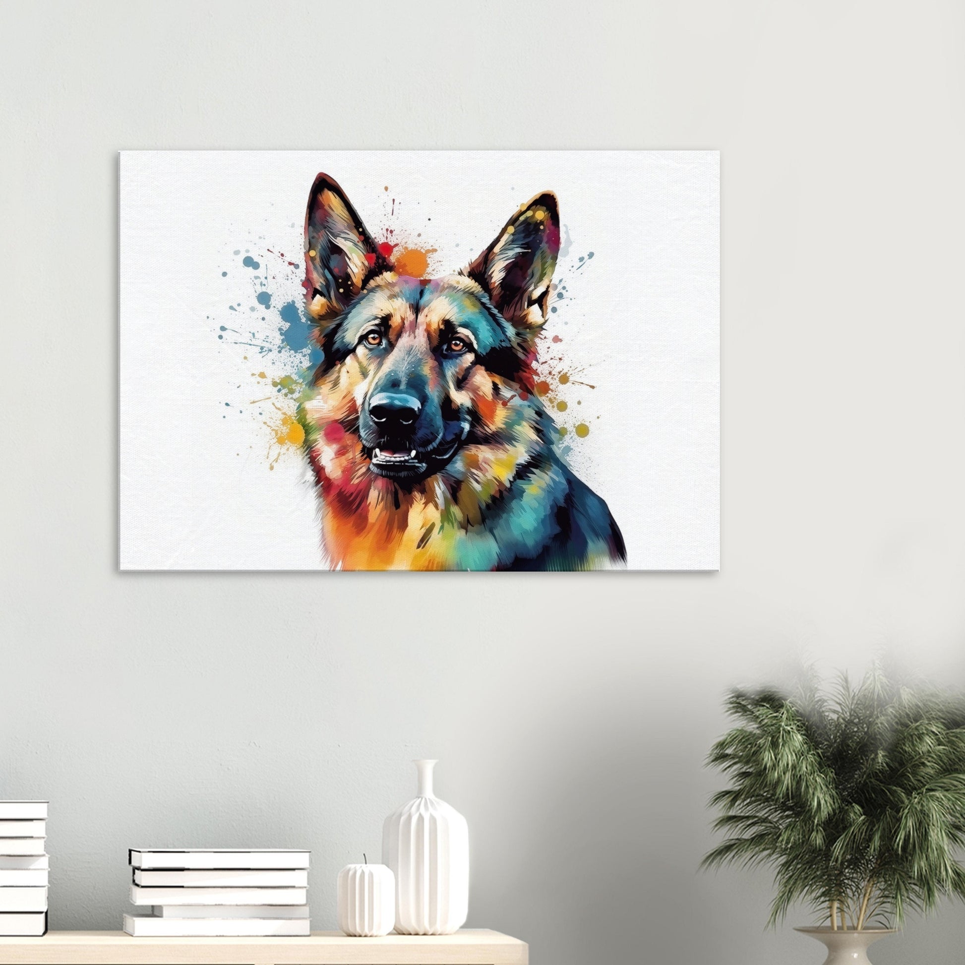 Watercolour German Shepherd Canvas Print Horizontal or Vertical (Landscape / Portrait). Unique Colourful GSD Dog Painting, Paint Splash Gift - CanvasityCrafts - Free Shipping