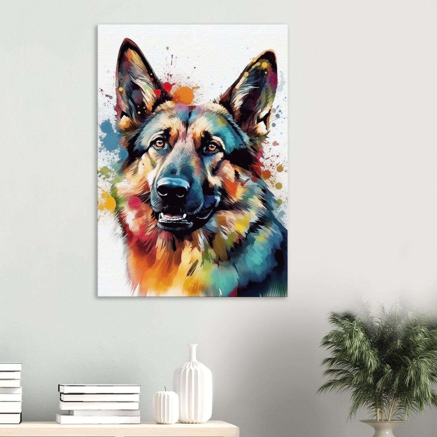 Watercolour German Shepherd Canvas Print Horizontal or Vertical (Landscape / Portrait). Unique Colourful GSD Dog Painting, Paint Splash Gift - CanvasityCrafts - Free Shipping