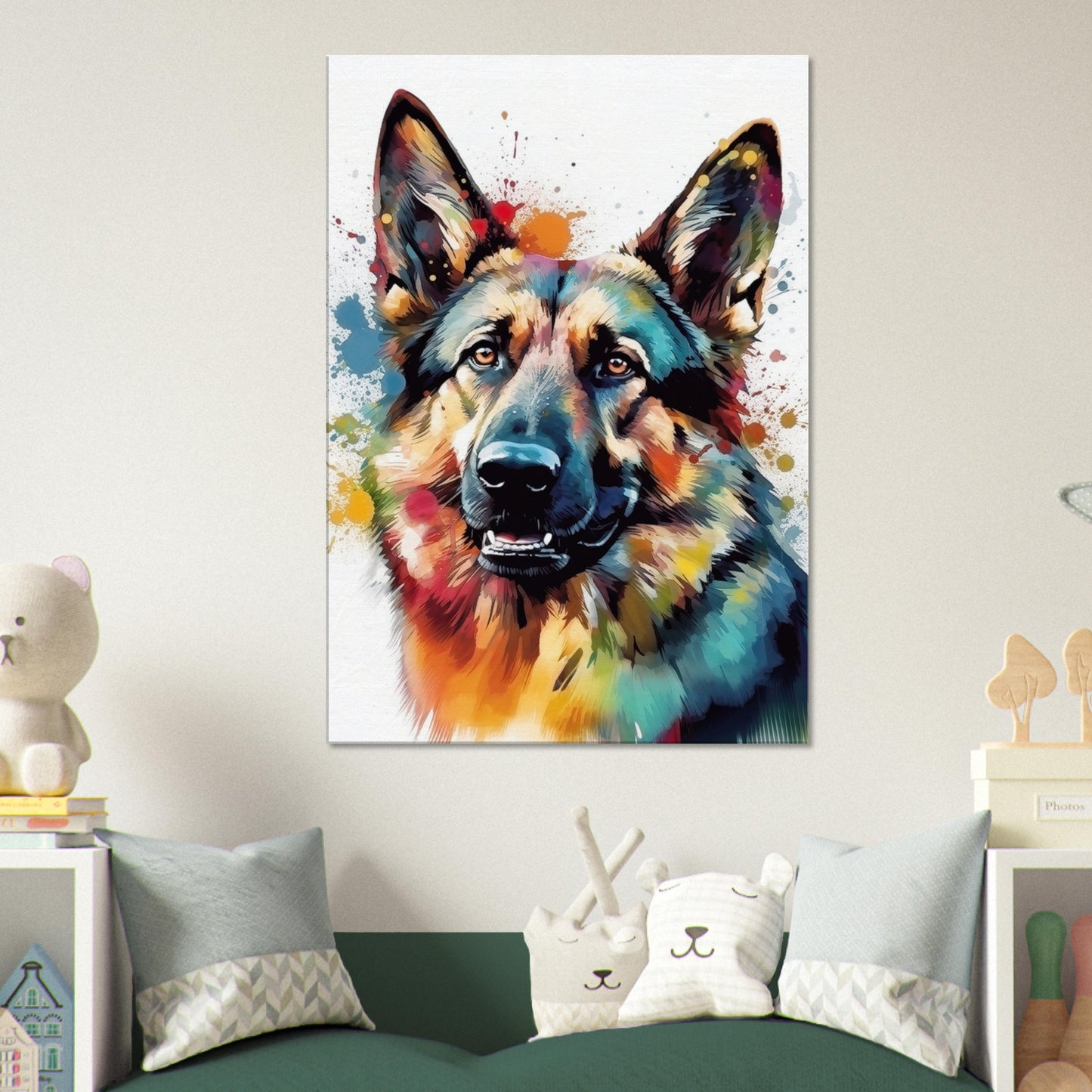 Watercolour German Shepherd Canvas Print Horizontal or Vertical (Landscape / Portrait). Unique Colourful GSD Dog Painting, Paint Splash Gift - CanvasityCrafts - Free Shipping