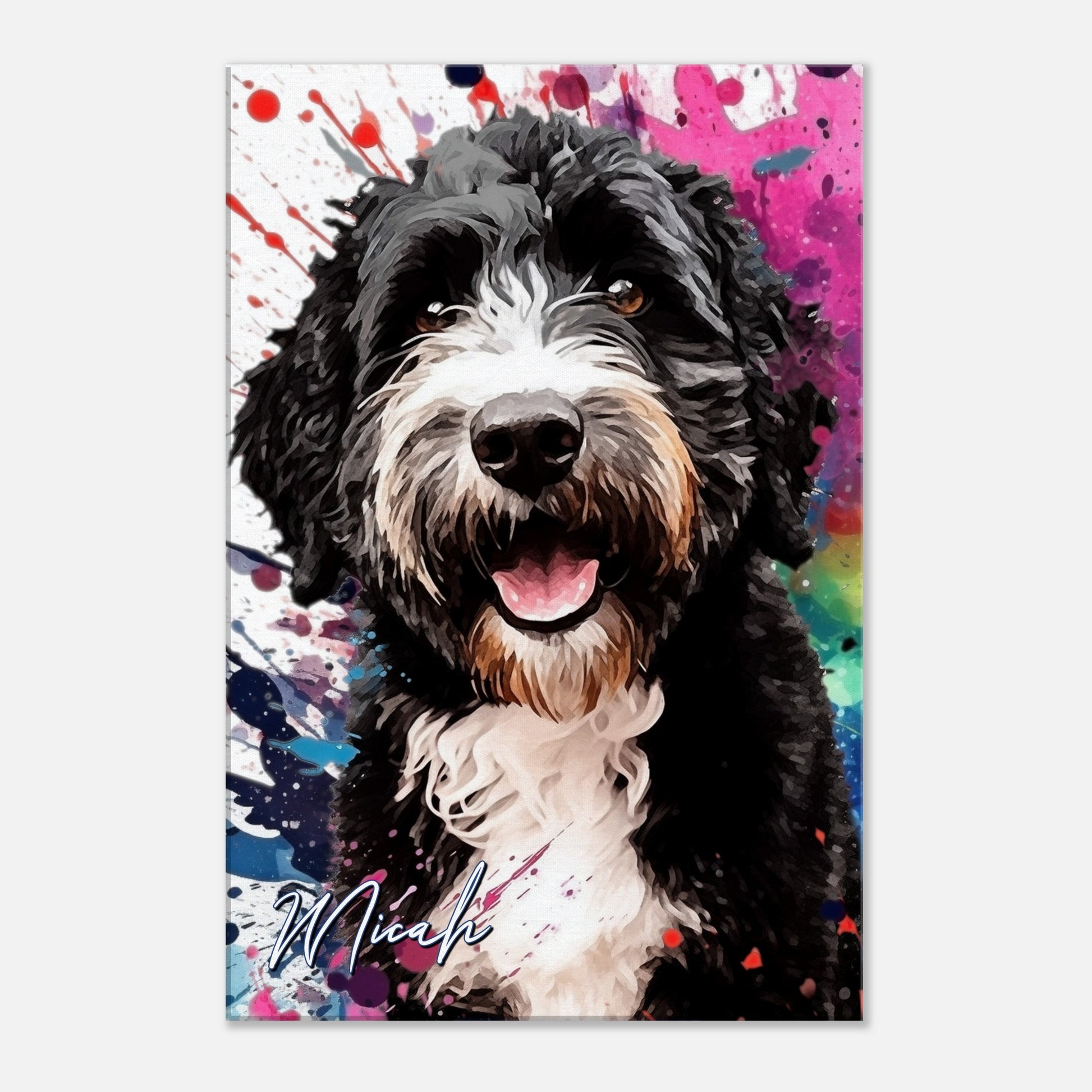 Jonty, Rigsby and Micah on Canvas. Colourful Paint Splash Bernedoodle and Sheparnese Dog Art & Prints - CanvasityCrafts - Free Shipping