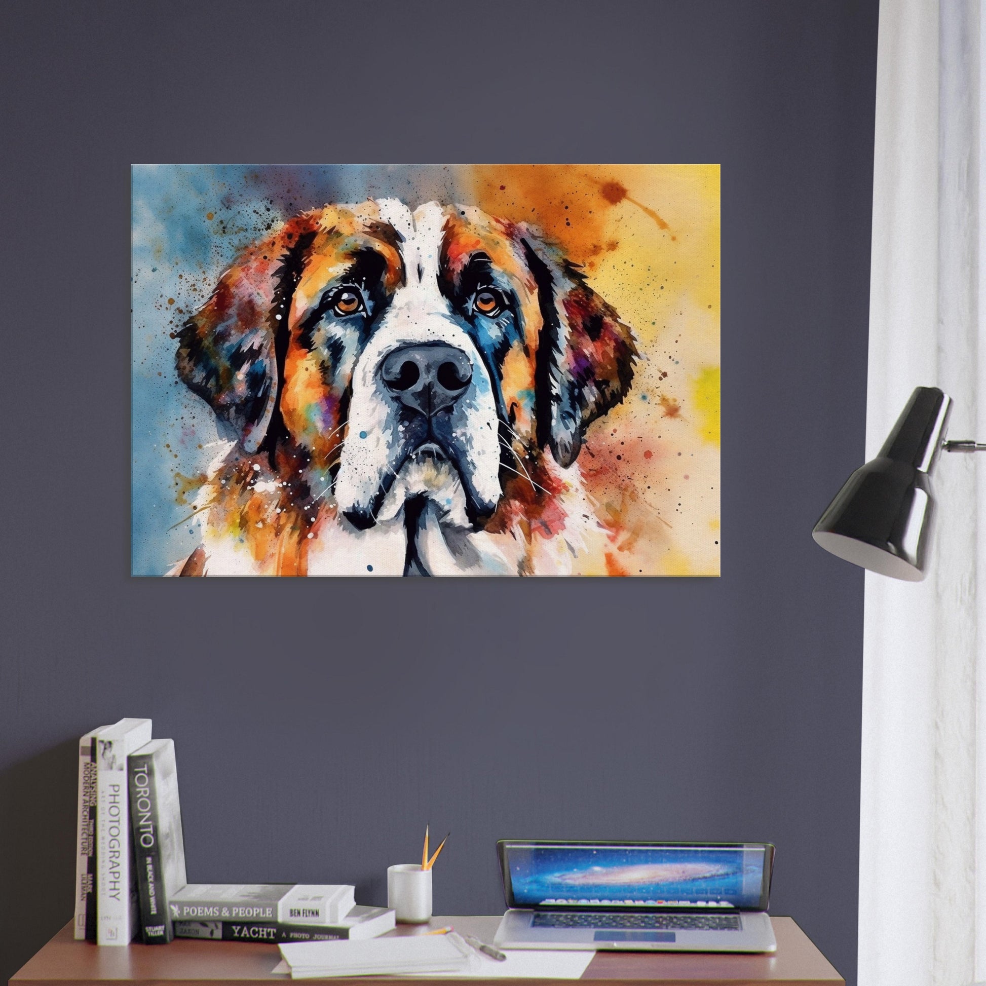 Watercolour St Bernard Canvas Print. Unique Colourful Dog Painting, Paint Splash Animal Decor, Saint Bernard Gift, Splatter Paint Wall Art - CanvasityCrafts - Free Shipping