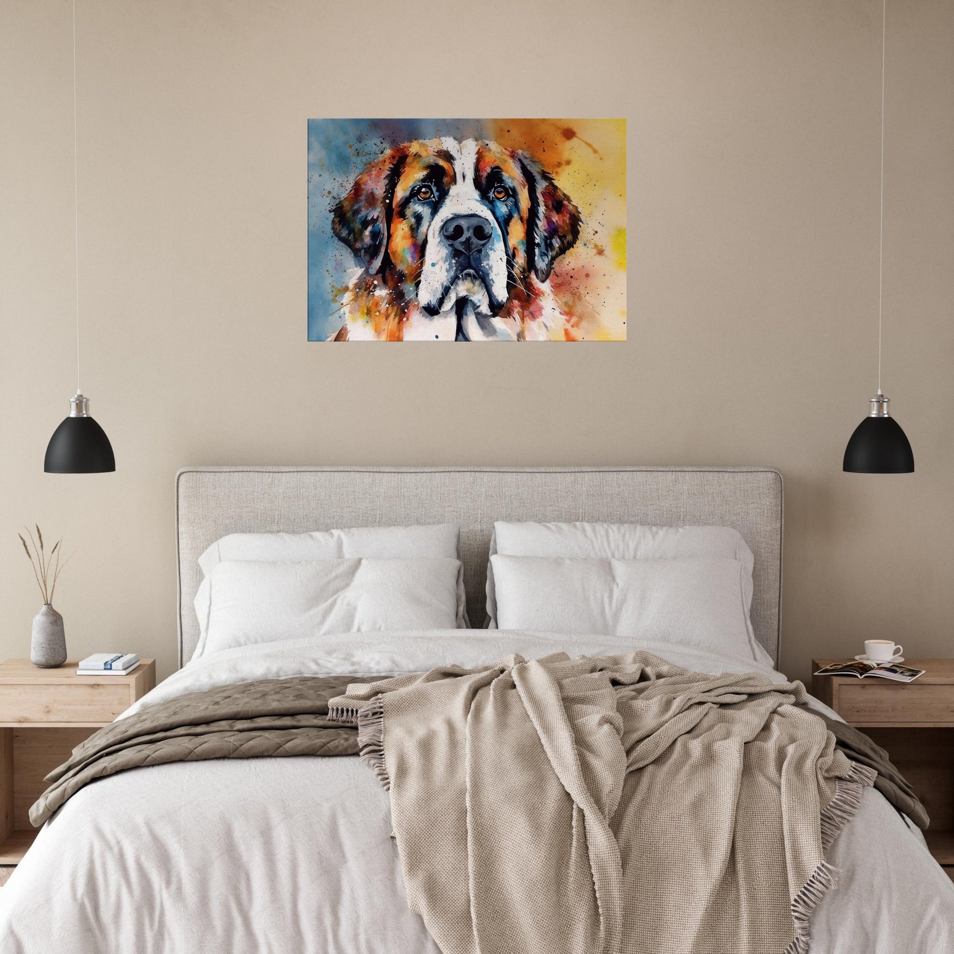 Watercolour St Bernard Canvas Print. Unique Colourful Dog Painting, Paint Splash Animal Decor, Saint Bernard Gift, Splatter Paint Wall Art - CanvasityCrafts - Free Shipping