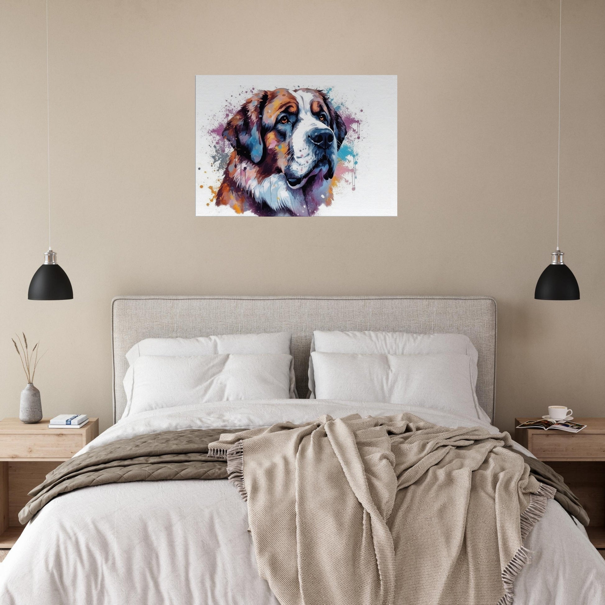 Saint Bernard Canvas Print. Unique Colourful Watercolour Dog Painting, Paint Splash Animal Decor, St Bernard Gift, Splatter Paint Wall Art - CanvasityCrafts - Free Shipping