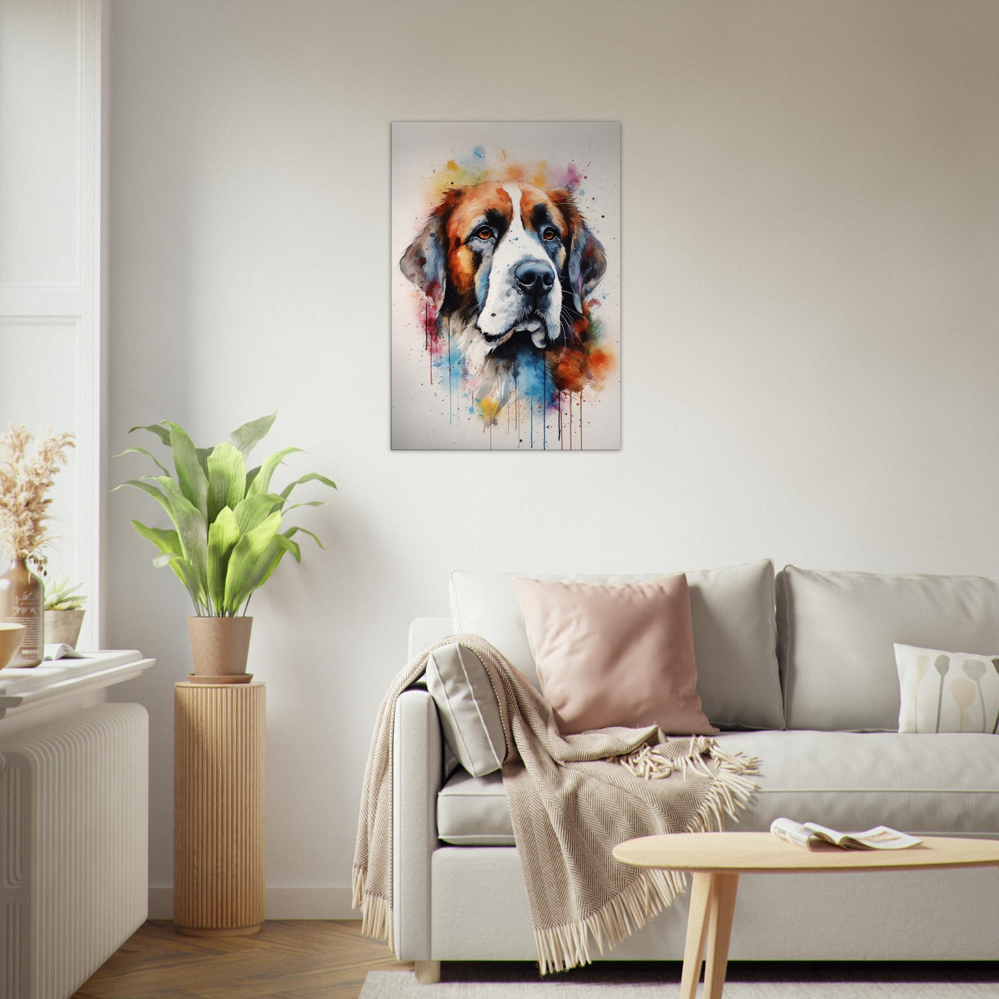 Watercolour St Bernard Canvas Print. Unique Colourful Dog Painting, Paint Splash Animal Decor, Saint Bernard Gift, Splatter Paint Wall Art - CanvasityCrafts - Free Shipping