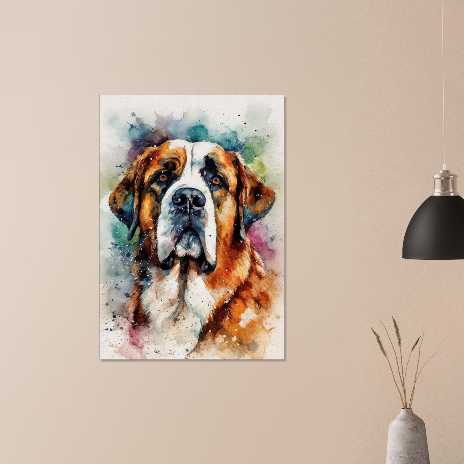 Watercolour St Bernard Canvas Print. Unique Colourful Dog Painting, Paint Splash Animal Decor, Saint Bernard Gift, Splatter Paint Wall Art - CanvasityCrafts - Free Shipping