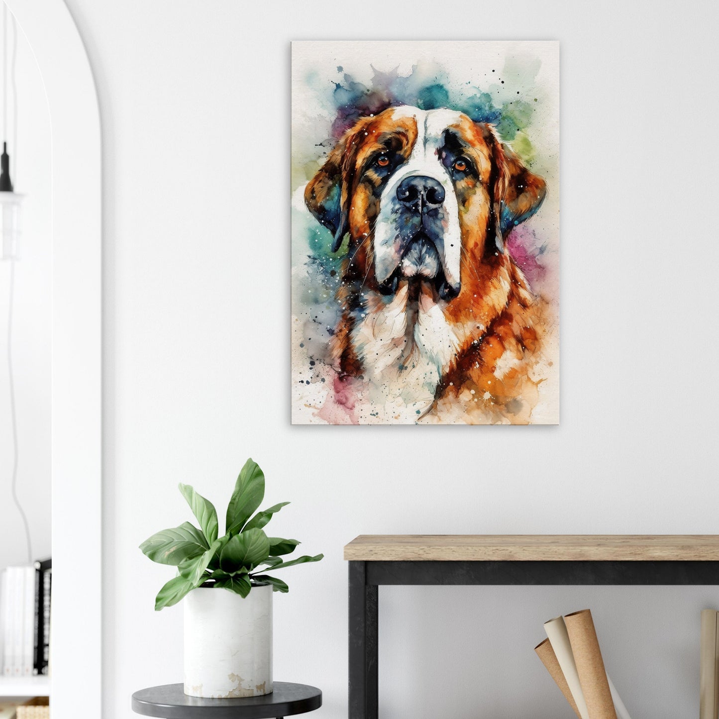 Watercolour St Bernard Canvas Print. Unique Colourful Dog Painting, Paint Splash Animal Decor, Saint Bernard Gift, Splatter Paint Wall Art - CanvasityCrafts - Free Shipping