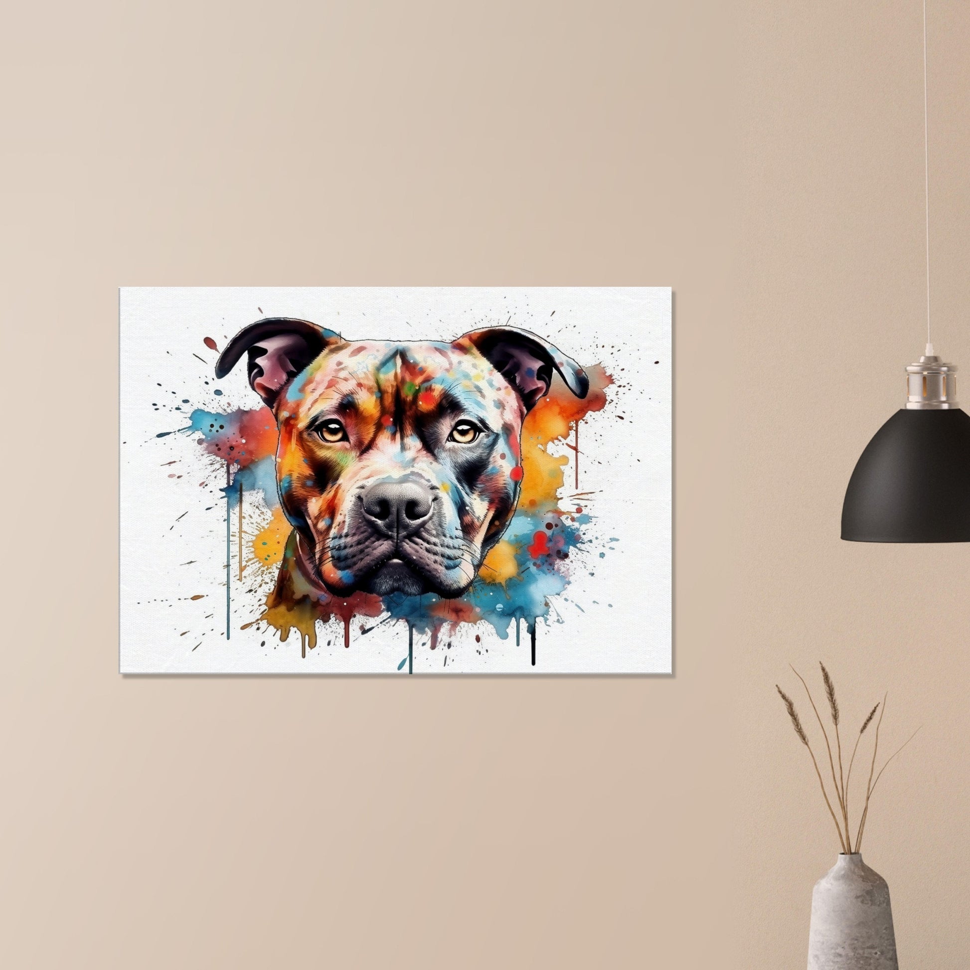 Watercolour Staffordshire Bull Terrier Canvas Print. Unique Colourful Staffy Dog Painting, Rainbow Animal Decor Gift, Wall Art - CanvasityCrafts - Free Shipping