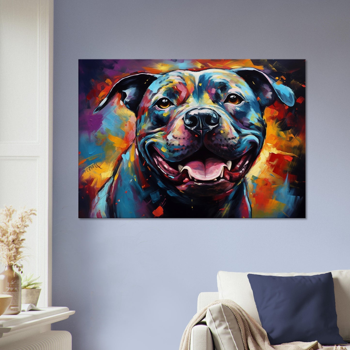 Black Staffordshire Bull Terrier Canvas Print. Unique Abstract Happy Staffy Dog Painting, Colourful Animal Decor Gift, Paint Splash Wall Art - CanvasityCrafts - Free Shipping