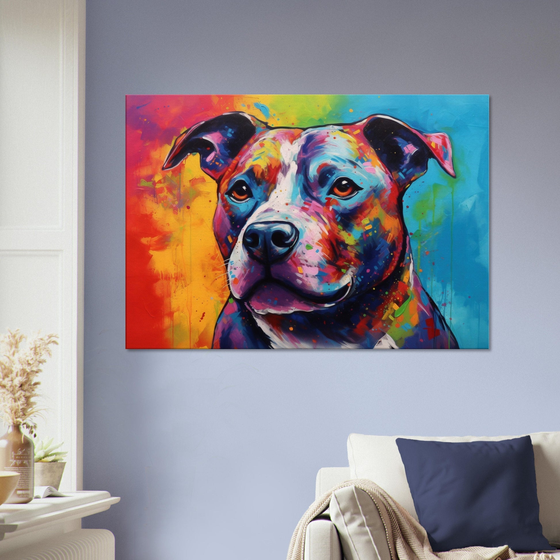 Staffordshire Bull Terrier Canvas Print. Unique Colourful Staffy Dog Painting, Rainbow Animal Decor Gift, Wall Art - CanvasityCrafts - Free Shipping