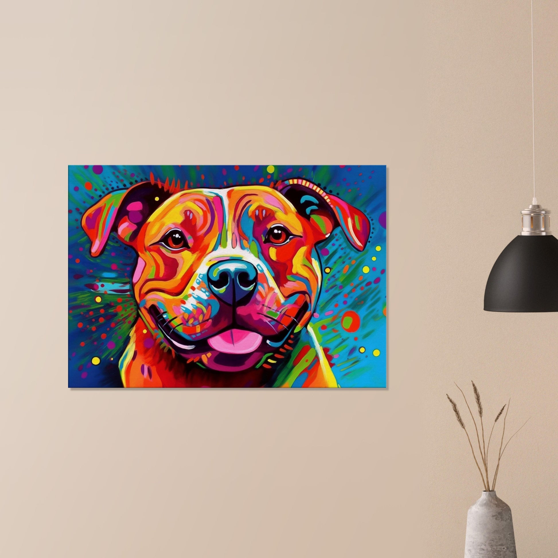 Neon Staffordshire Bull Terrier Canvas Print. Unique Street Art Staffy Dog Painting, Pop Art Animal Decor Gift, Graffiti Paint Wall Art - CanvasityCrafts - Free Shipping