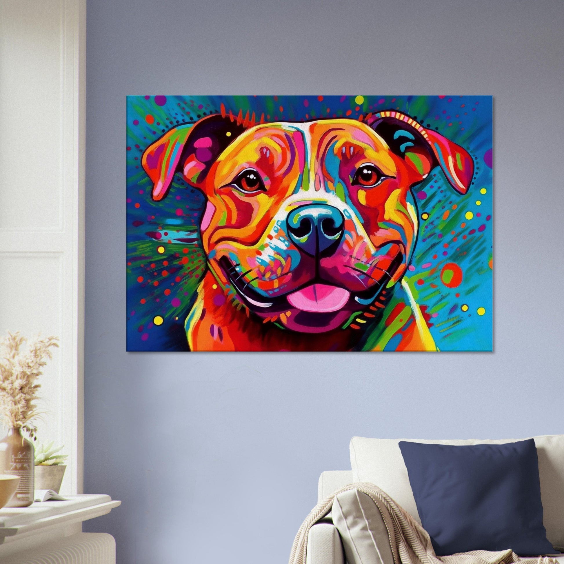 Neon Staffordshire Bull Terrier Canvas Print. Unique Street Art Staffy Dog Painting, Pop Art Animal Decor Gift, Graffiti Paint Wall Art - CanvasityCrafts - Free Shipping