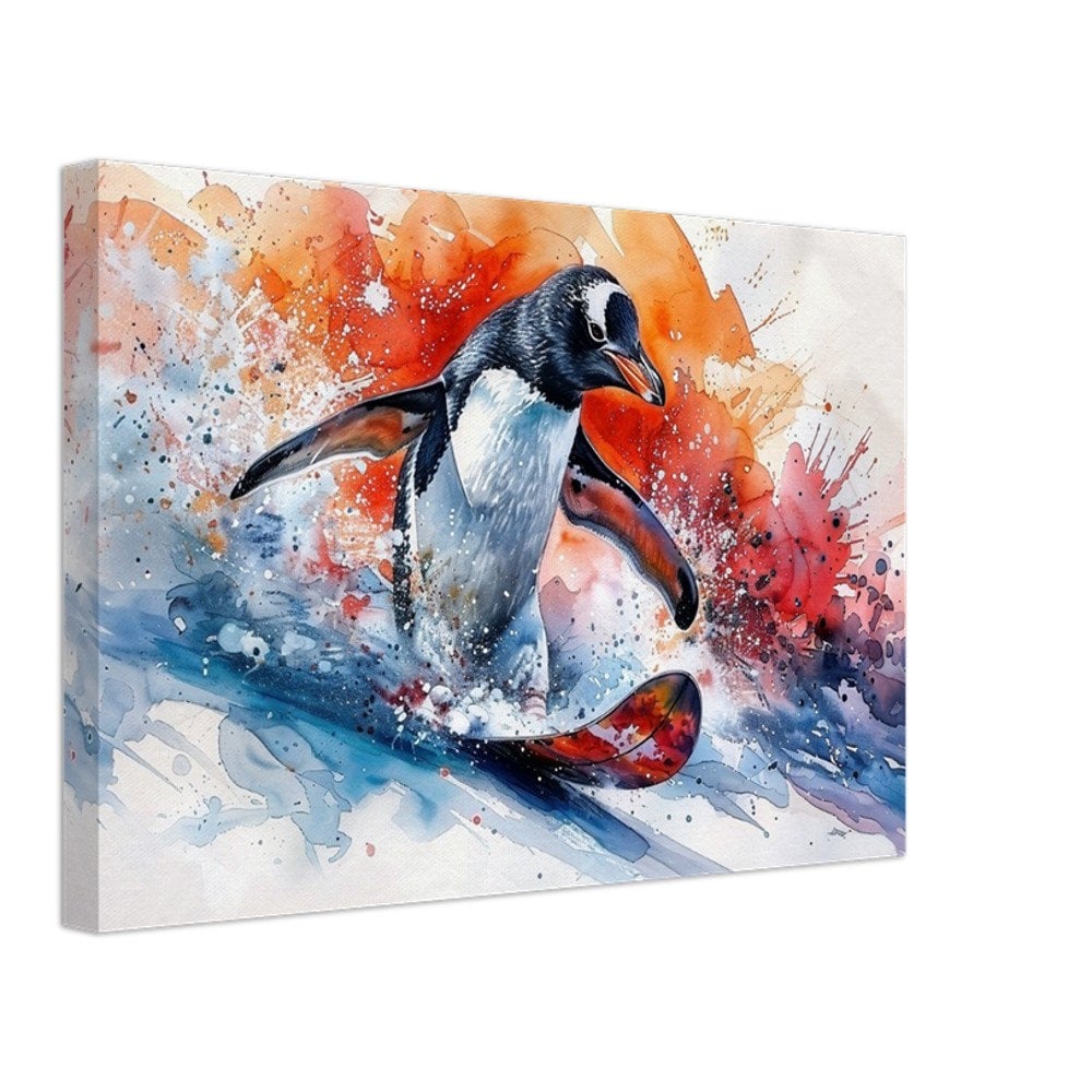 Watercolour Snowboarding Penguin Canvas Print. Funny Animal Wall Art Gift for Snowboarder, Snowboard Lover, Skier, Ski Paint Splash Painting - CanvasityCrafts - Free Shipping